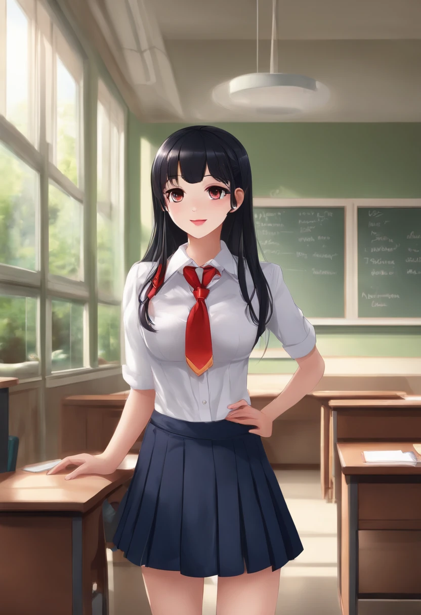 A small pale anime girl in her school uniform. Her big breast breaks off a button from her shirt. Her skirt so short that I could see her tight thongs.her breast about to pop out. Her long black shiny hair with her dark blue eyes and her red plump lips. She’s in her classroom alone.