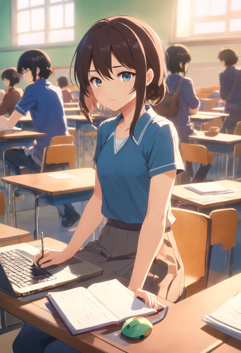 Anime girl sitting in a classroom with a laptop, Anime visual de una chica linda, Fotograma de anime de TV, en un anime, Chica de anime llamada Lucy, Mejor chica del anime, Junko Enoshima, Retrato de anime de Shiina Ringo, Hermosa chica de secundaria de anime, In anime movie, Anime visual de una mujer joven, today's featured anime still
