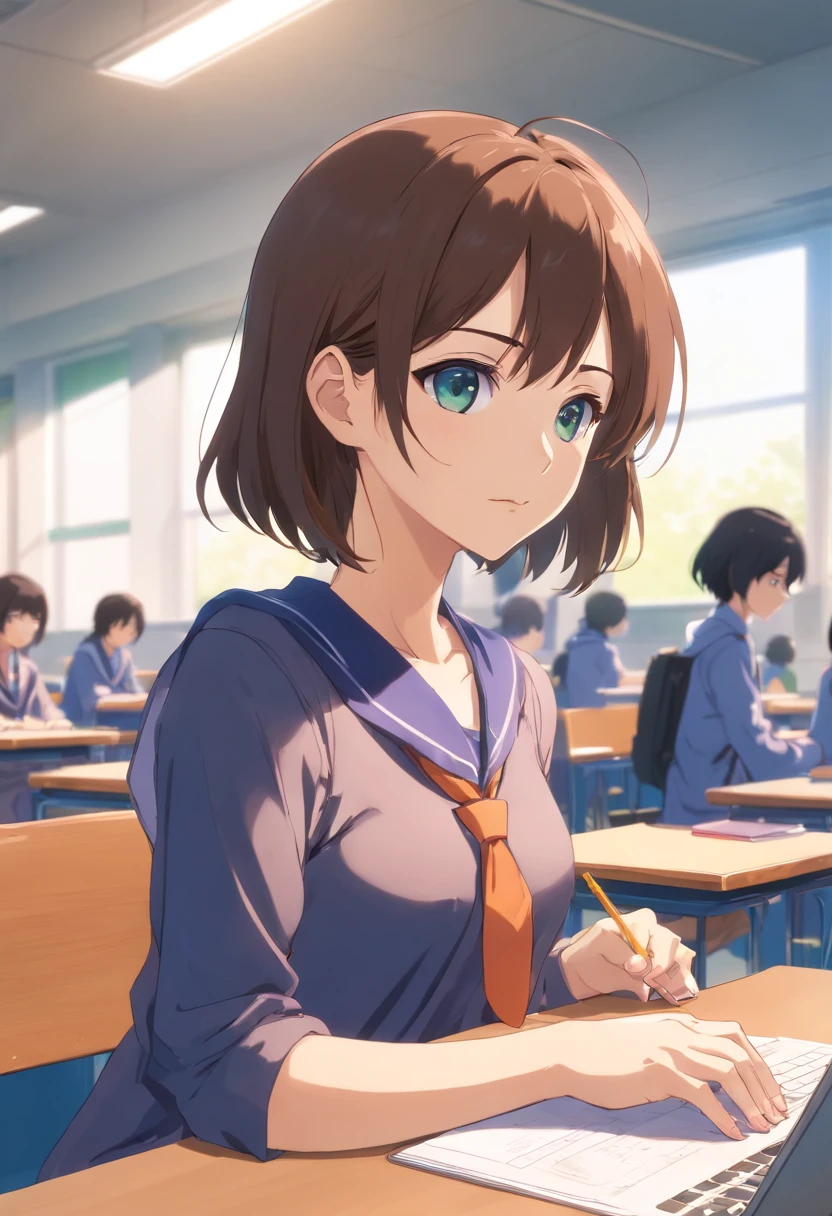 Anime girl sitting in a classroom with a laptop, Anime visual de una chica linda, Fotograma de anime de TV, en un anime, Chica de anime llamada Lucy, Mejor chica del anime, Junko Enoshima, Retrato de anime de Shiina Ringo, Hermosa chica de secundaria de anime, In anime movie, Anime visual de una mujer joven, today's featured anime still
