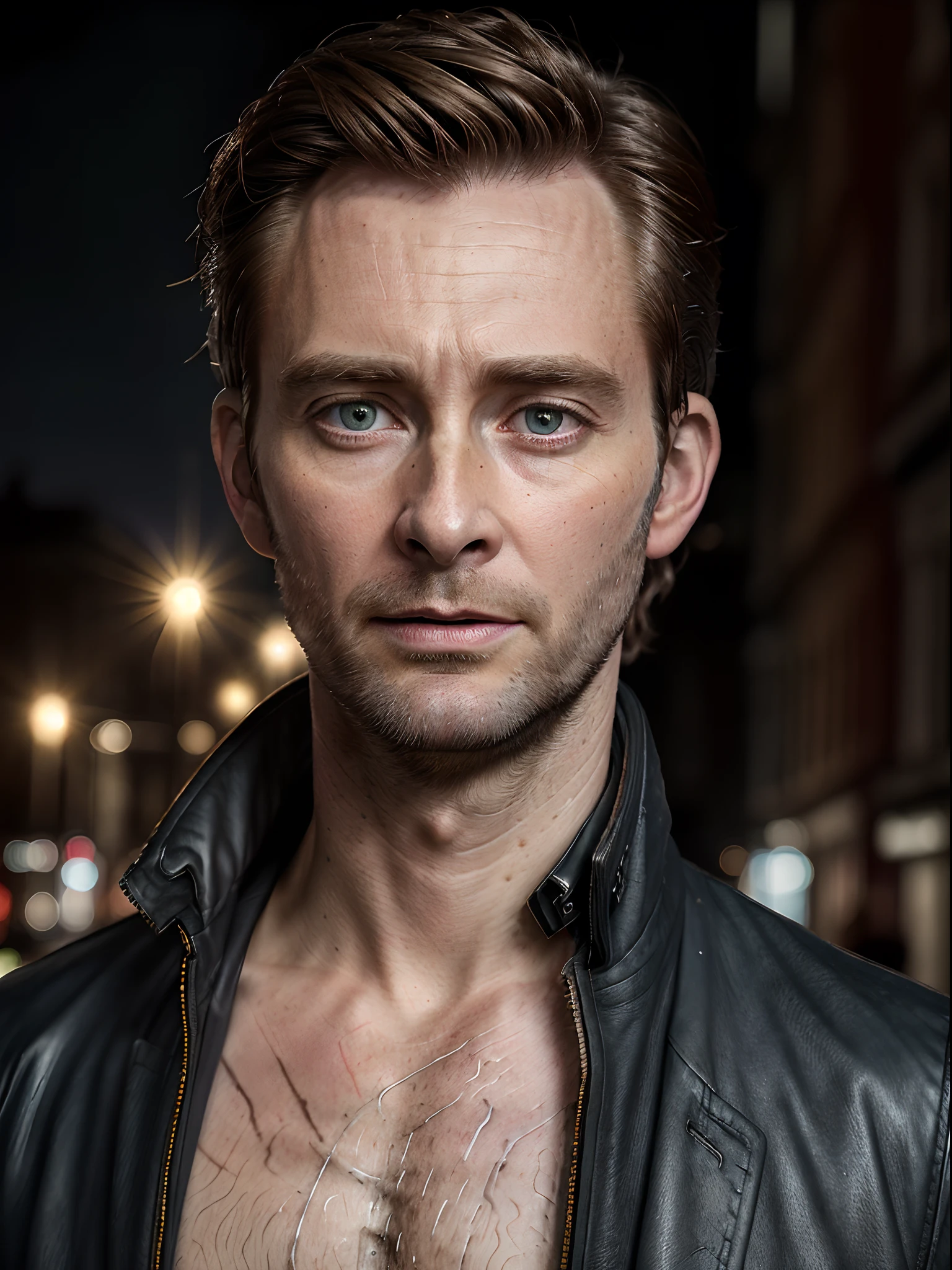 (photo was taken from a medium distance, Realistic, photorealistic, RAW photo, ultra detailed, cinematic lighting, man on a dark and cluttered street, with face where David Tennant collide with Tom Hiddleston, looking to the camera, extremely maniac look, antagonistic, real features, realistic symmetrical short hair, attractive face, beautiful eyes, attractive, backlighting, attractive pose, perfect anatomy, Slim physique, detailed London street on background, fantasy atmosphere, Centered image, kodak portra 400, 35mm, depth of field, fine facial traits, cinematic composition
