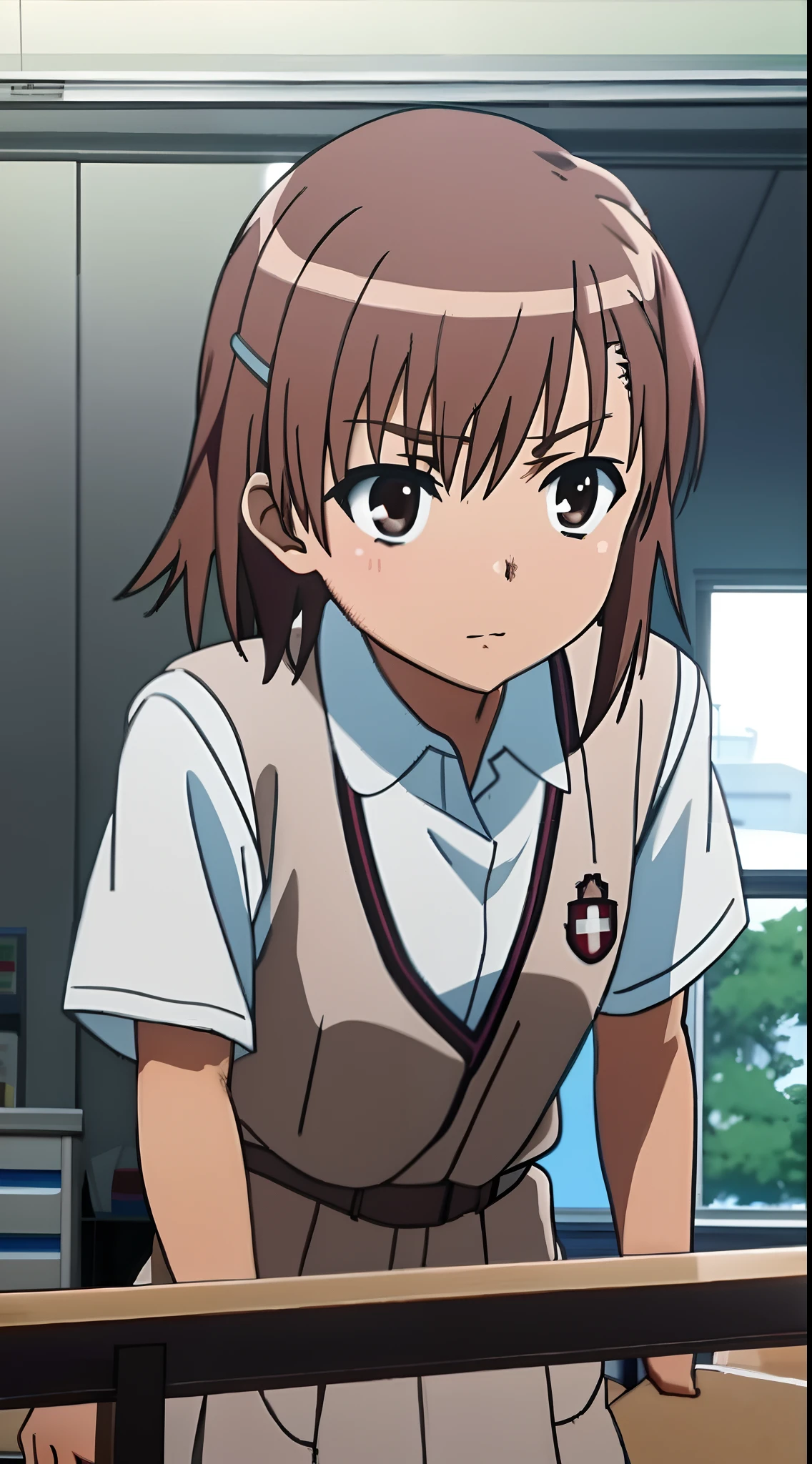 Misaka Mikoto ,Clear images、Brown Hair、Asymmetrical Belly Shorthair、hairpin、Tokiwadai High School short sleeve uniform、School、Arms crossed,white lace panties,
break masterpiece ,8k unity wallpaper,anime key visual,highest quality, High resolution, (shape:0.8),anime coloring,highly detailed face, detailed eyes,growing eyes,shiny skin,fine skin,white skin,dense skin,detailed hair,highly detailed legs,perfect lighting, Detailed CG, (perfect hands, perfect anatomy),High resolution,(Detailed wear ),slender limbs, delicate curves, dainty hands,figure:0.8,
