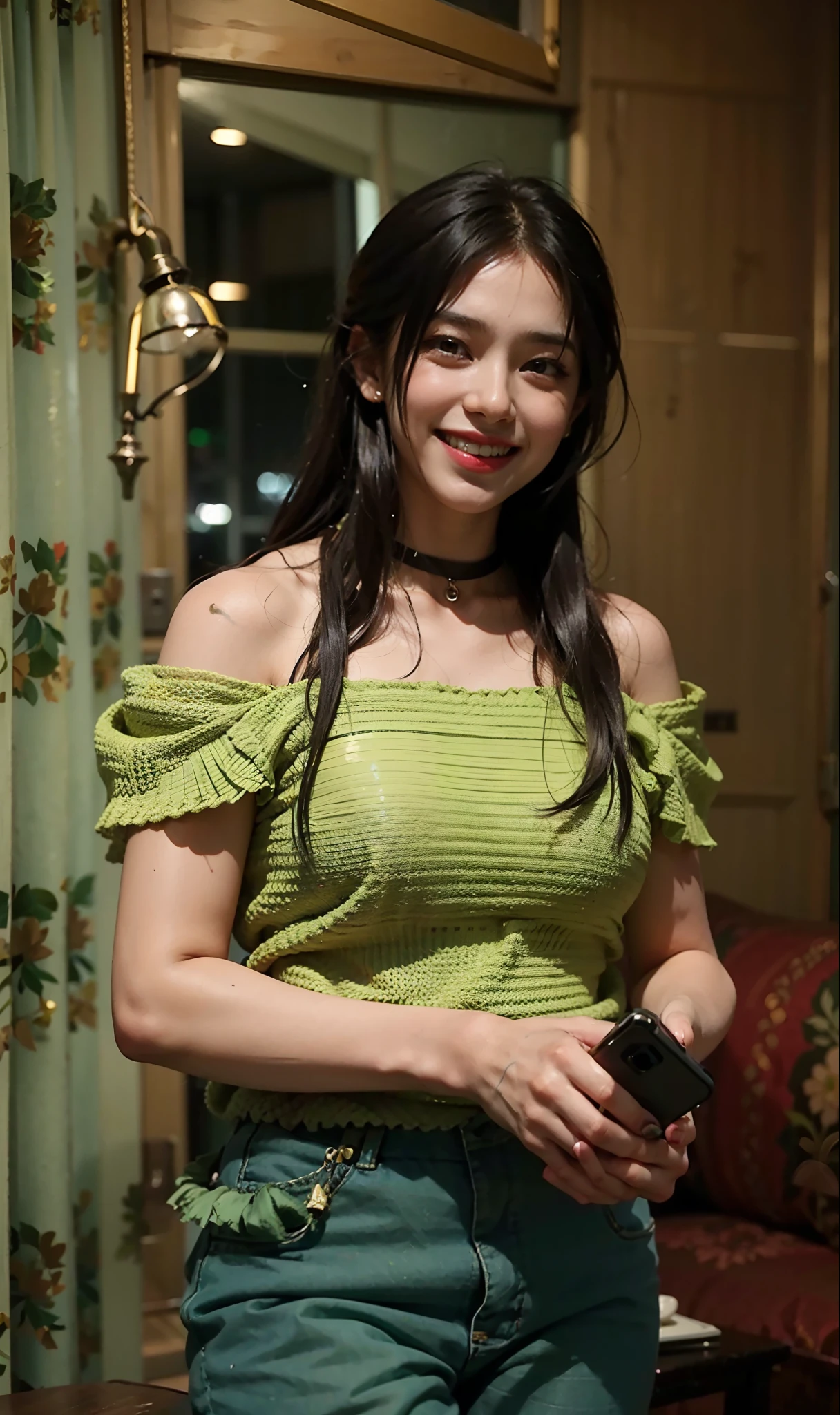 smiling woman in green top holding cell phone in living room, candid picture, candid!! dark background, very very low quality picture, candid photo, profile image, at night time, profile pic, profile photo, 18 years old, 30 years old woman, 3 0 years old woman, kyza saleem, 8k 50mm iso 10, profile picture