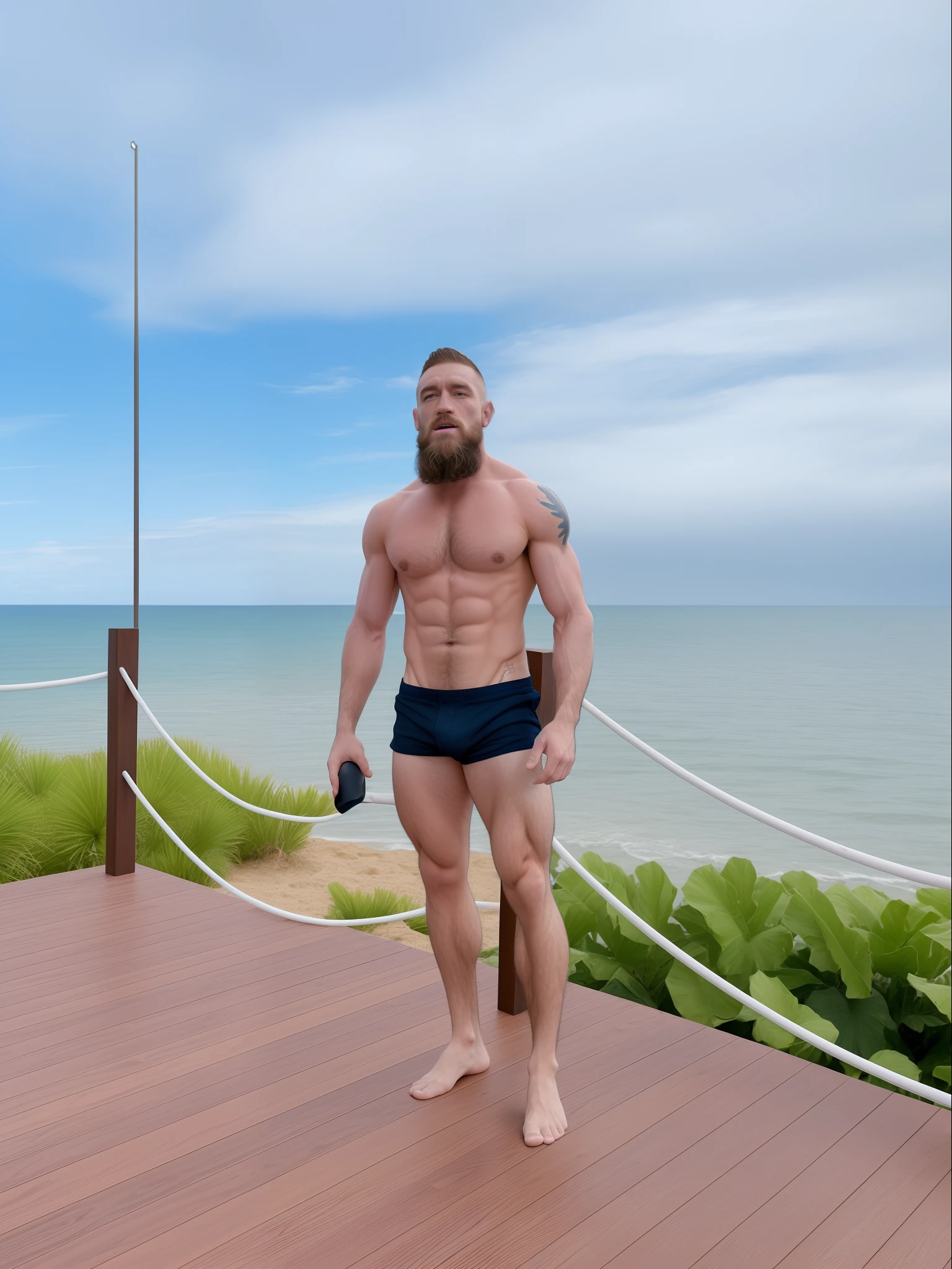 Man with beard and shirtless standing on a wooden deck, imagem de perfil, 3 6 anos, bearded and built, 3 2 anos, 38 anos, Greg Rutkowski de corpo inteiro, oceano ao fundo, Artem, 2 9 anos, cerca de 3 5 anos, Conor McGregor, 35 anos, 3 5 anos