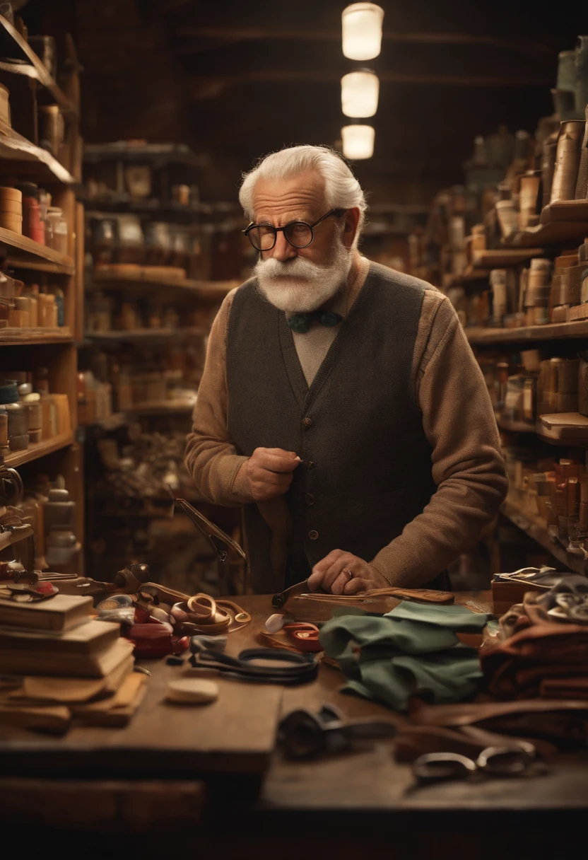 Create a Disney Pixar image of a fabric store with a gray-haired, beardless, mustachioed elderly man with glasses with scissors and a tape measure around his neck, and a tall 40-year-old man in glasses, barba curta