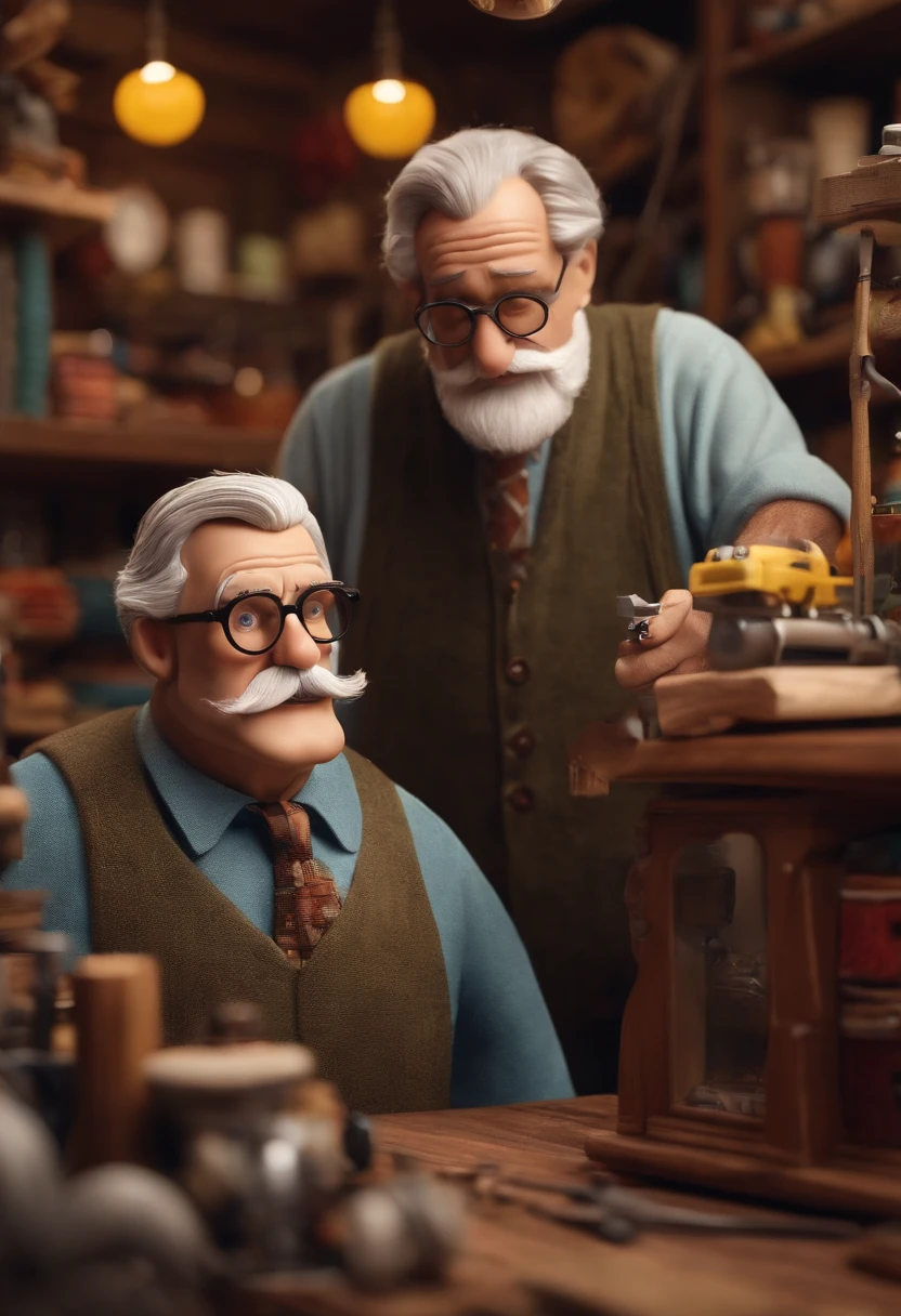 Create a Disney Pixar image of a fabric store with a gray-haired, beardless, mustachioed elderly man with glasses with scissors and a tape measure around his neck, and a tall 40-year-old man in glasses, barba curta