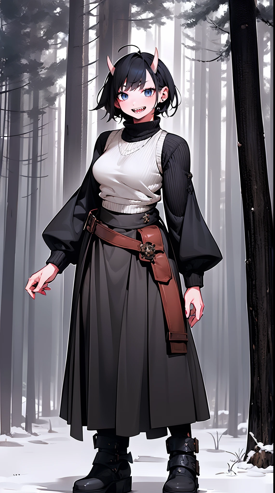 short hair, youngirl,black hair, vest, pullover, dragon horns, sharpteeth, standing, smile, full body , boots, long skirt, winter dress,, forest, woman-medieval-clothes, horns, smile, open mouth ,sharpteeth,, medium breast, blue eyes