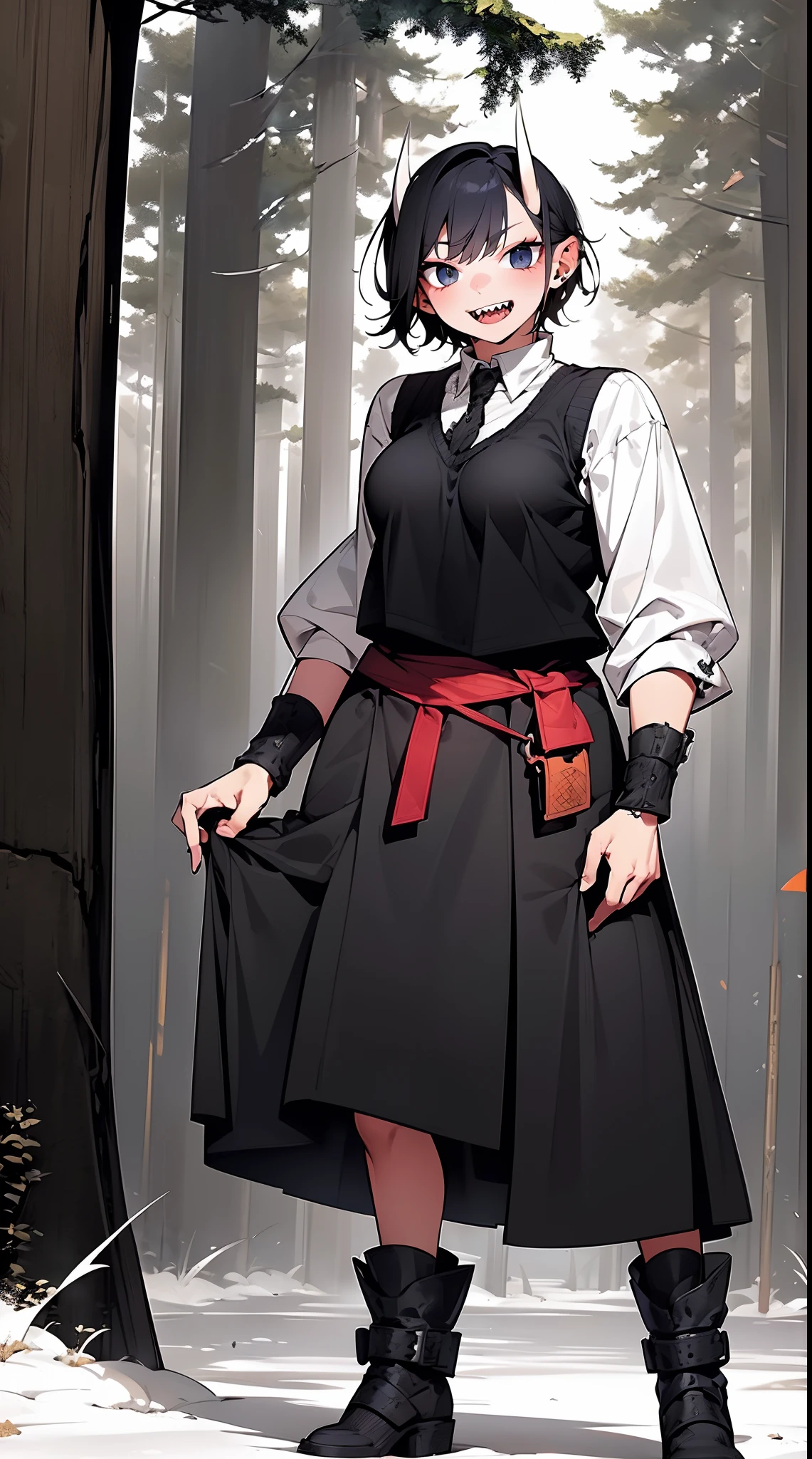 short hair, youngirl,black hair, vest, pullover, dragon horns, sharpteeth, standing, smile, full body , boots, long skirt, winter dress,, forest, woman-medieval-clothes, horns, smile, open mouth ,sharpteeth,, medium breast, blue eyes