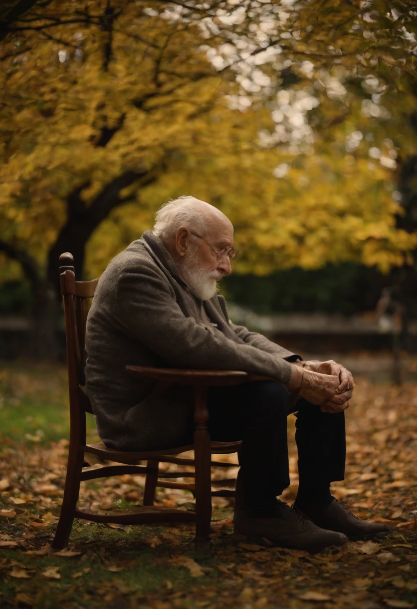 An old man rests on the chair with a wife leaning on one of his arms, suas tunicas pretas escorrem pela cadeira chegando aos chaos, extremamente detalhado e em melhor qualidade