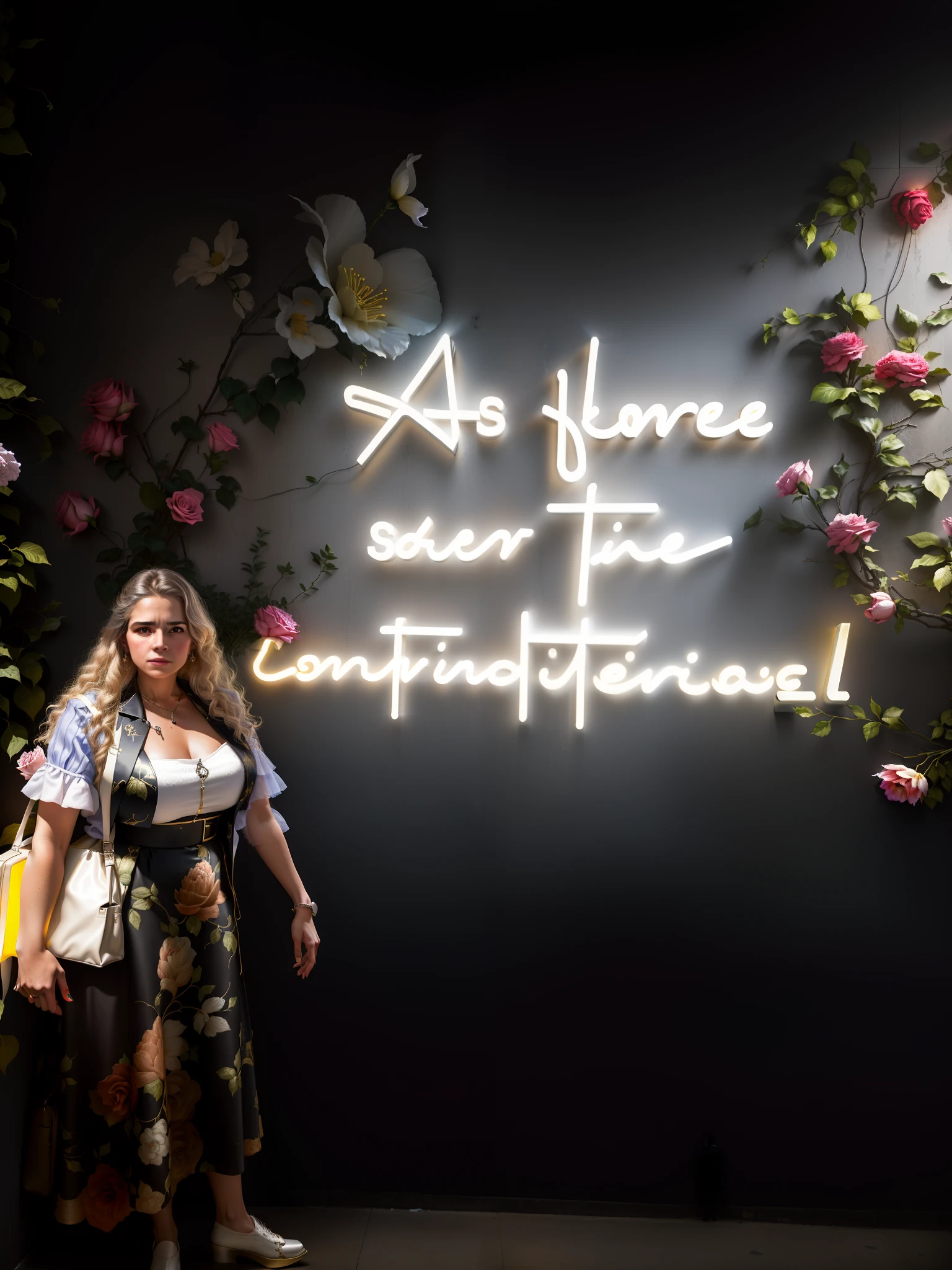 Woman standing in front of a wall with a neon sign that tells you what you're like, ser o contag, In Sao Paulo, In a baroque museum exhibition, Directed by: Rose Henriques, floreal, Directed by: French Victoria, flor!!!!, com flores, a person standing in front of a, Directed by: Emma Rios, by Gina Pellón