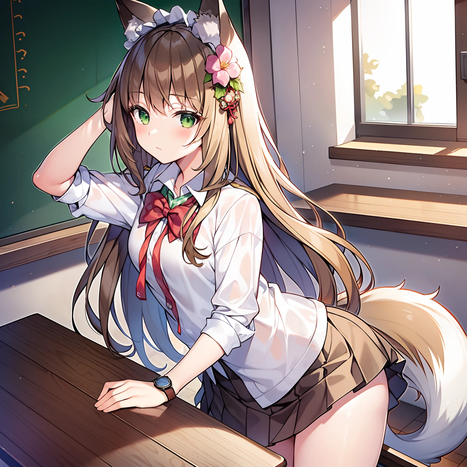 (tmasterpiece, Best quality, A high resolution), 1 girl, Alone, Oversized fox tail，Green-eyed，(Long brown hair)，Small flower headdress, (9 years old_Cute loli)，modernn architecture，A MILF，In the school infirmary，Sit on a small stool_Erlang legs，Wearing a white nurse's uniform_White stockings，Hold a notepad，ssmile，seen from the side，