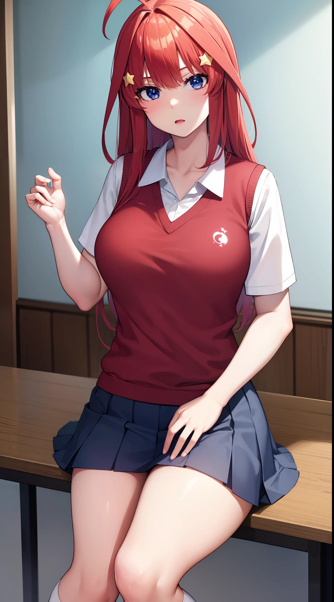 itsukinakano, itsuki nakano, bangs, blue eyes, hair between eyes, ahoge, red hair, star \(symbol\), hair ornament, star hair ornament, BREAK skirt, shirt, school uniform, collarbone, white shirt, short sleeves, pleated skirt, socks, collared shirt, miniskirt, kneehighs, white socks, green skirt, sweater vest, red sweater vest,
BREAK indoors, school, classroom,
BREAK (masterpiece:1.2), best quality, high resolution, unity 8k wallpaper, (illustration:0.8), (beautiful detailed eyes:1.6), extremely detailed face, perfect lighting, extremely detailed CG, (perfect hands, perfect anatomy),