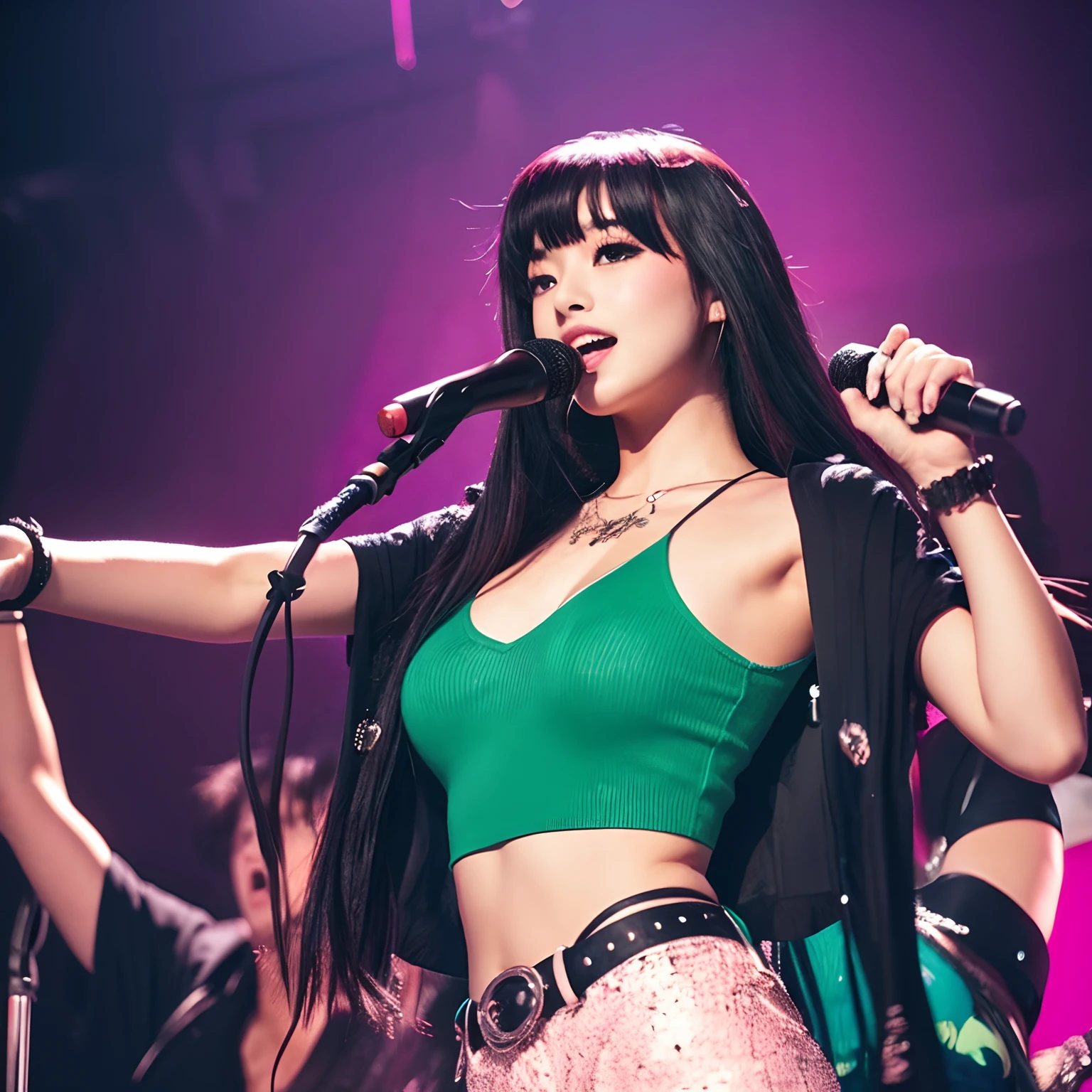 girl with、singers、full bodyesbian、1980s anime style、A dark-haired、idol