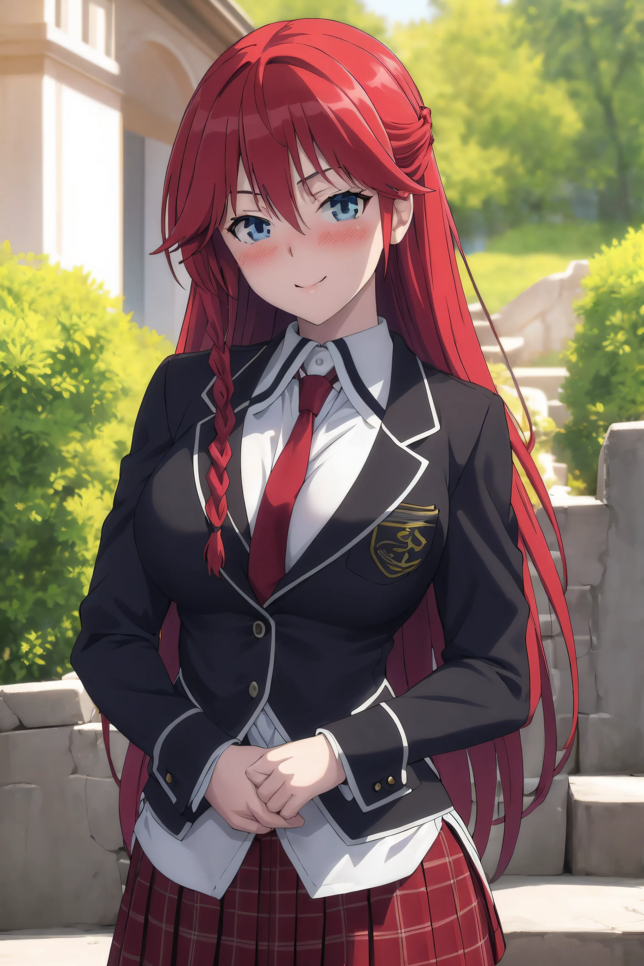 masterpiece, (best quality), 1woman,1girl ,lilith_asami,    long hair, red hair,   blue eyes , braid, side braid, school uniform, shirt, skirt, jacket, necktie,     large breasts,,sexy woman,  adult, smile, blush, vibrant colors ,,natural lighting  ,RTX,  beautiful, (detailed face:1.2), showcase, (perfect eyes:1.1) ,(photorealistic:1.1), 8k uhd,  looking at viewer,   outdoors,  simple backround,(beautiful_face:1.5),(perfect hands, perfect anatomy),