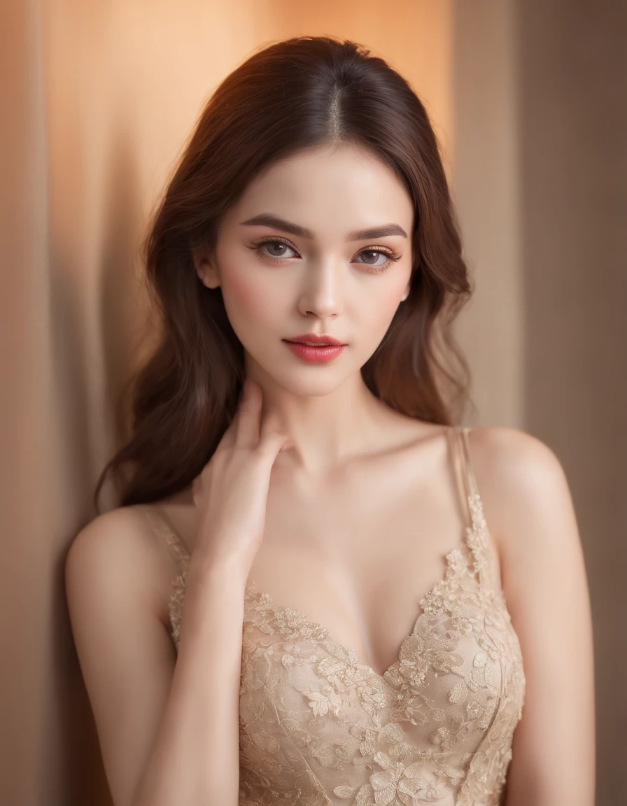 (best quality,4k,8k,highres,masterpiece:1.2),ultra-detailed,(realistic,photorealistic,photo-realistic:1.37),beautiful woman,detailed eyes and face,intense gaze,detailed lips,sexiness emphasized,perfectly styled hair,provocative pose,sensual atmosphere,medium breasts,shapely figure,perfect curves in all the right places,delicate skin,flawless complexion,radiant beauty,mesmerizing charm,confident and captivating,dressed in elegant attire,fitted dress that accentuates her curves,bold and vibrant colors,rich texture and shadows,subtle highlights and reflections,well-defined features,exquisite details in clothing and accessories,professional studio lighting,golden hour lighting,soft and diffused natural light,subtle bokeh in the background,artistic portraits,fashion photography style,vibrant colors with warm undertones,graceful and alluring presence,leaves a lasting impression.