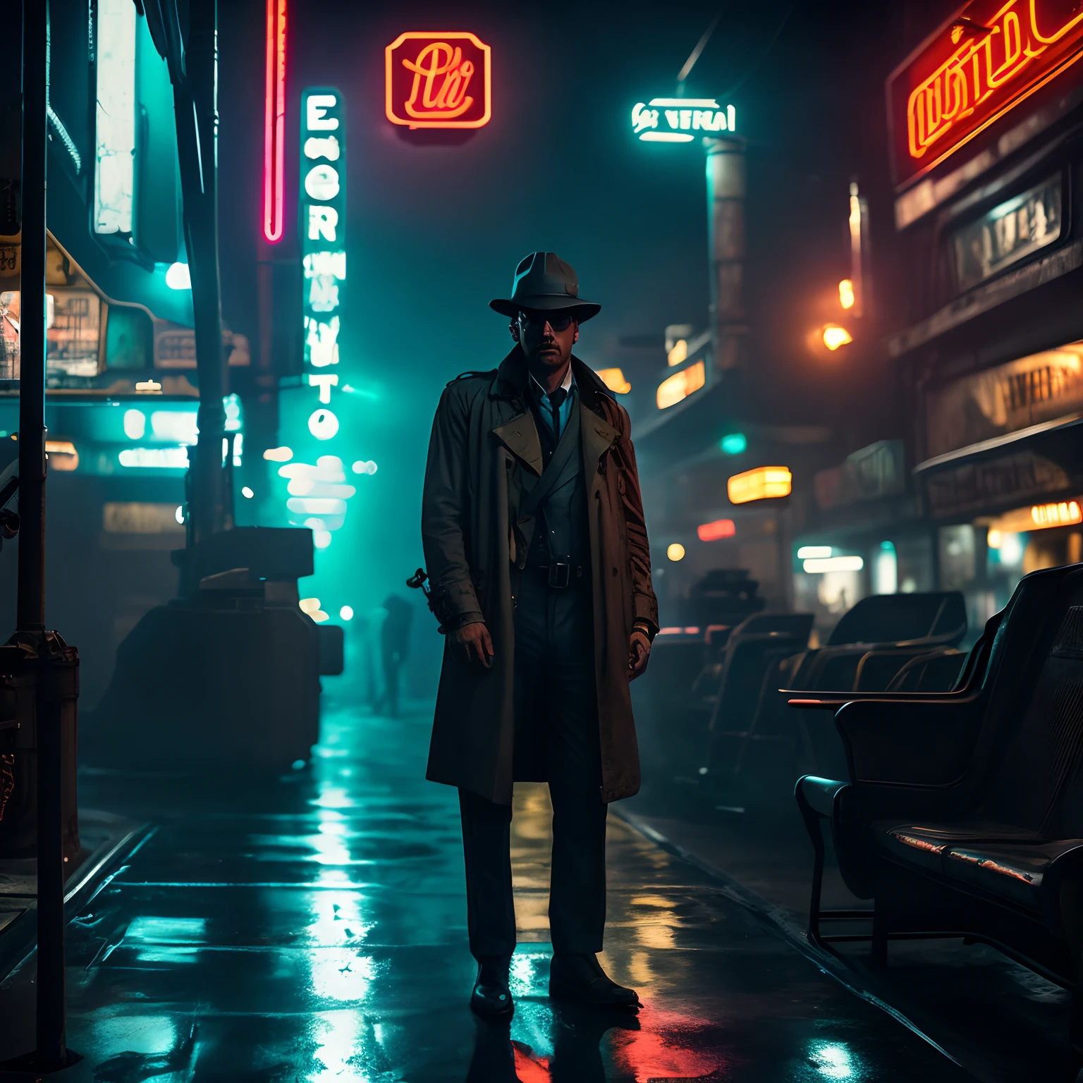 In a dimly lit corner of a bustling spaceport, a weathered private detective stands against a backdrop of flickering neon signs and smoky, industrial haze. This captivating lomographic photograph depicts a retro-futuristic noir-inspired scene, capturing the essence of intergalactic travel. The main subject, the detective, wears a worn trench coat replete with patches, revealing countless adventures. His eyes, veiled under a tilted fedora, hold a glimmer of sharp intuition, etched with wisdom. The grainy texture and muted colors enhance the nostalgic ambiance, transporting viewers to a forgotten era of mystery and exploration. This high-quality image masterfully balances vintage aesthetics and futuristic themes, inviting observers into a captivating cosmic tale.
