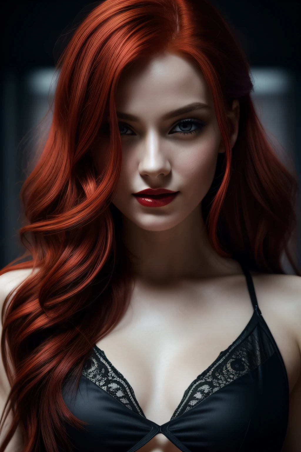 (best quality, realistic), redhead girl, black sheer top, close-up, wicked smile, sinister look, long flowing red hair, edgy, plain dark background, eyebrow piercing, intense eyes, pale skin, mysterious vibe, dramatic lighting, red lipstick, piercing gaze, confident expression, alluring charm, intense presence, flawless complexion, captivating beauty, hauntingly beautiful, ethereal aura, uncanny allure, enchanting stare, fierce and bold, rebellious spirit, fiery personality