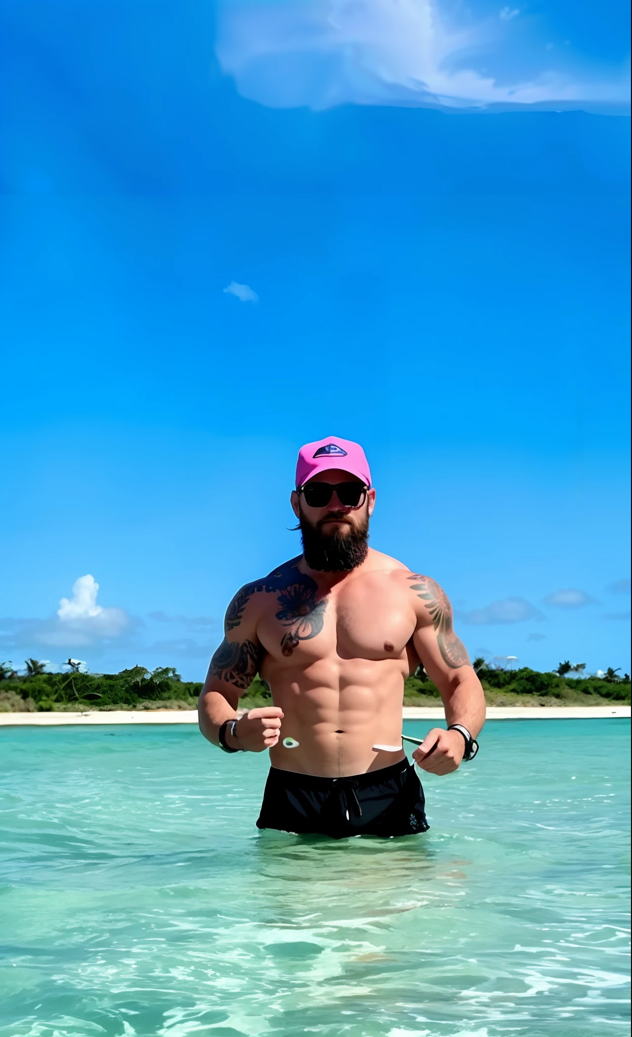 Man in the ocean with pink hat and sunglasses, Biden sem camisa com tatoos, foto de perfil, bearded and built, Sebastien Chabal, posando em uma praia com o oceano, not shirt, Obra-prima maravilhosa, 4 5 I, de um sem camisa, Conor McGregor, foto de perfil, vacation photo, 3 6 anos, foto de praia, 3 2 anos