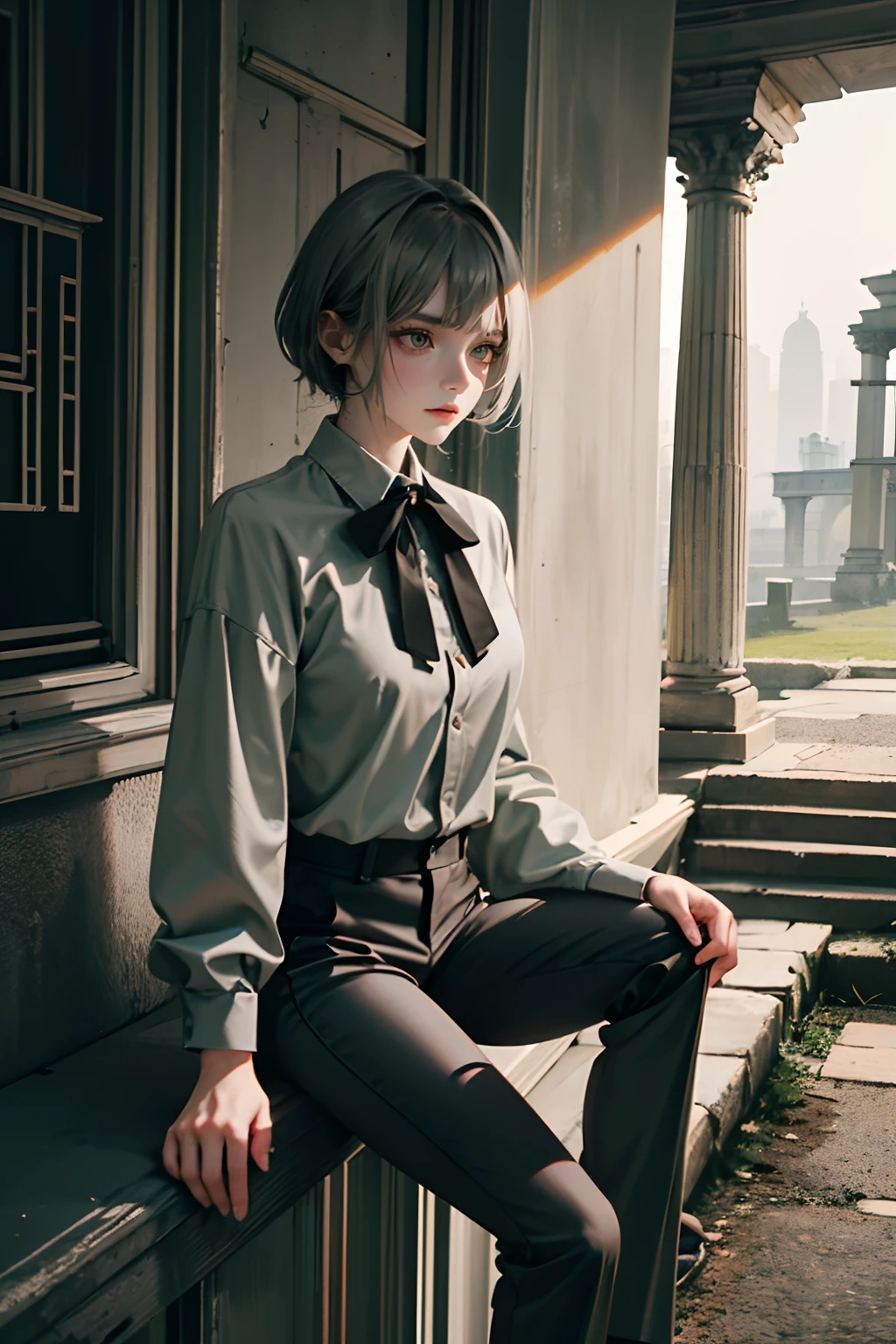 girl of defined body, alone, pistols in her hands, gray hair, locks of hair in moss green tone, short hair, ((social blouse of black and gray color, black and long gray pants)), social shoes of black color, serious look, eyes of light green color, ancient ruins, black tie.