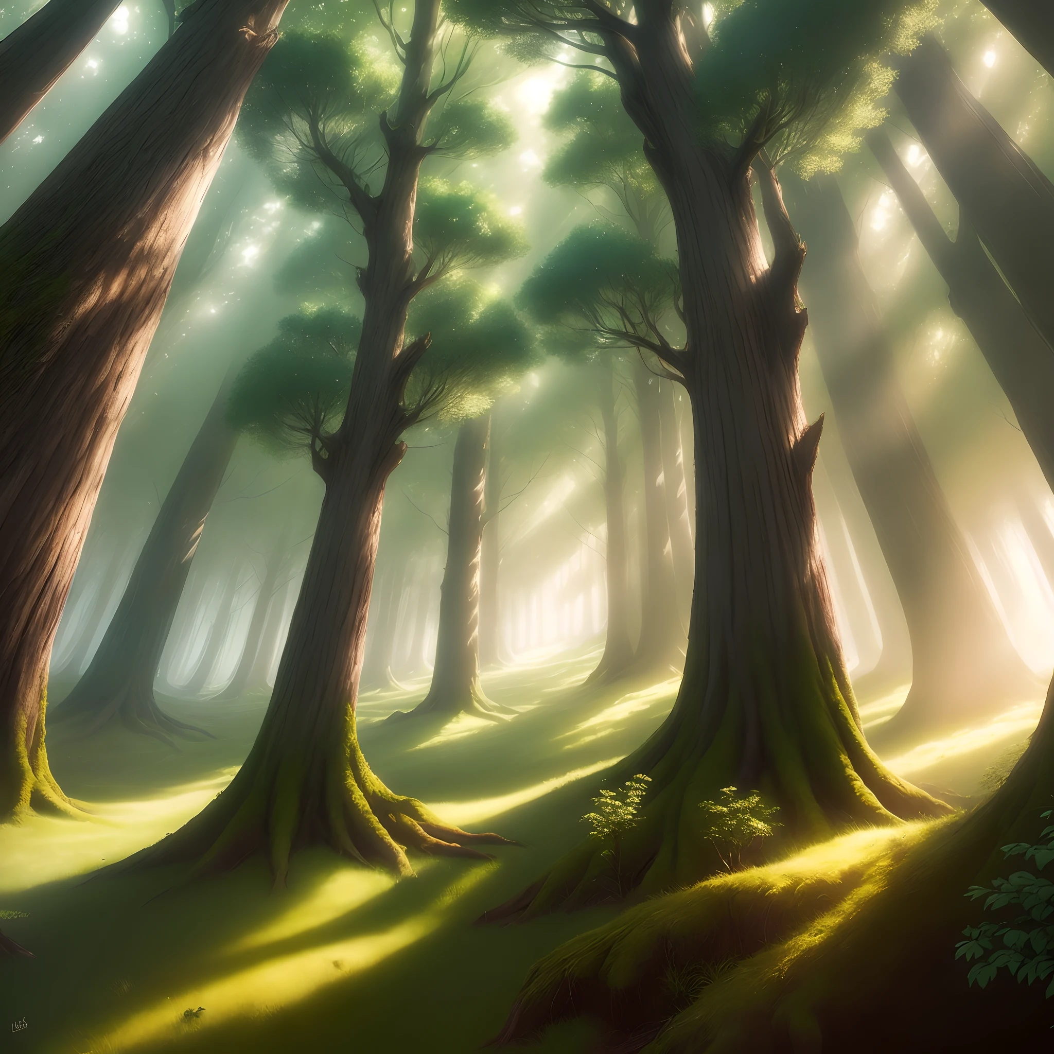 1. **Enchanted forest scenery:**
Uma clareira vibrante e exuberante, with tall trees shrouded in soft glows and a Source of Light in the center. Raios solares dourados filtram-se entre as folhas, Creating a magical environment.