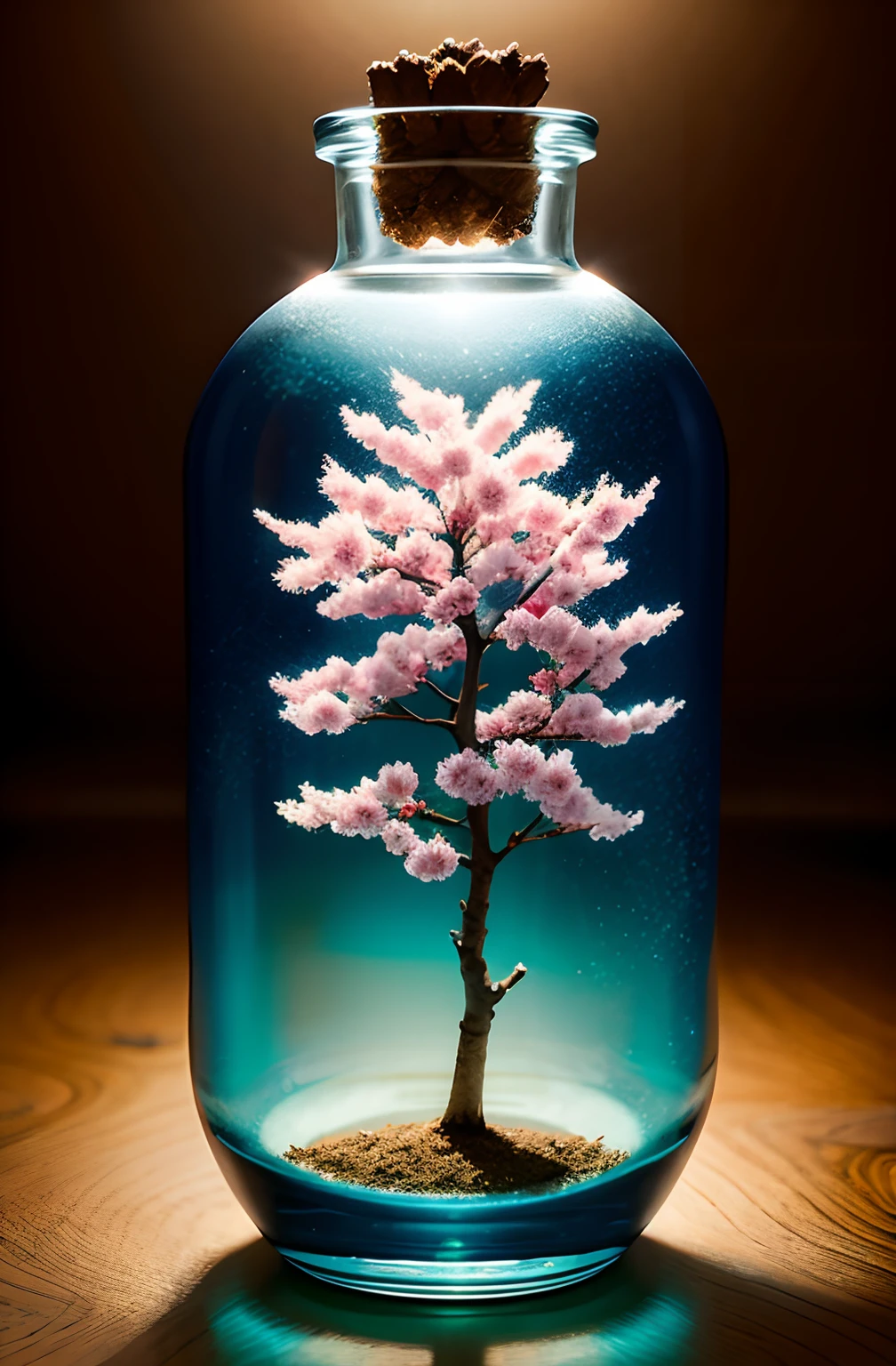 sakura tree in a bottle, fluffy, realistic, atmospheric light refraction, by lee jeffries nikon d850 film stock photograph 4 kodak portra 400 camera f1.6 lens rich colors hyper realistic lifelike texture dramatic lighting unreal engine trending on artstation cinestill 800, Style-Glass