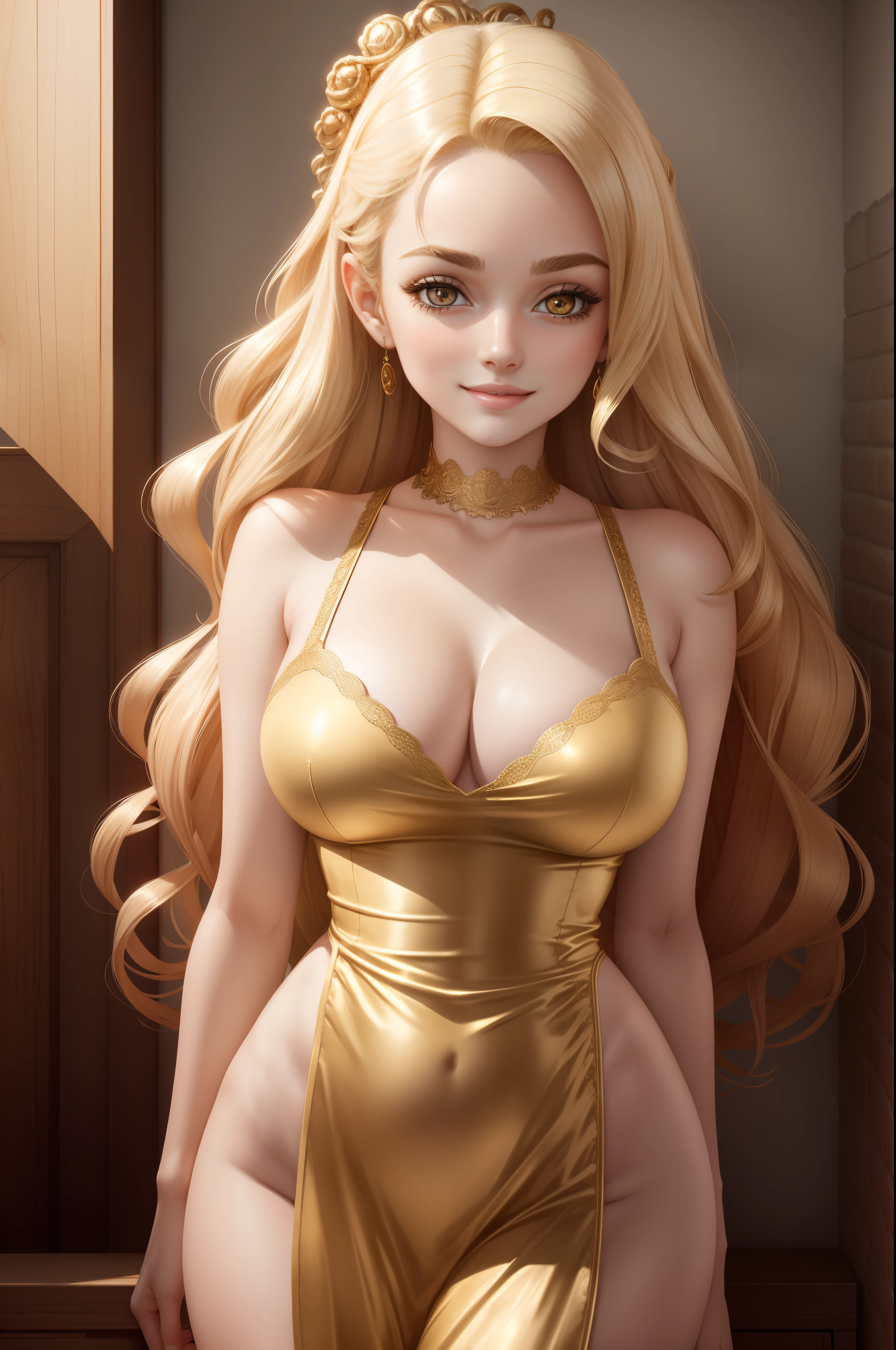 18 year old beautiful girl, big eyes, large breasts, petite and slender, 8K, top quality, (very detailed head: 1.0), (very detailed face: 1.0), (very detailed hair: 1.0), very detailed official artwork, clean detailed art, smile, golden hair, smooth long hair