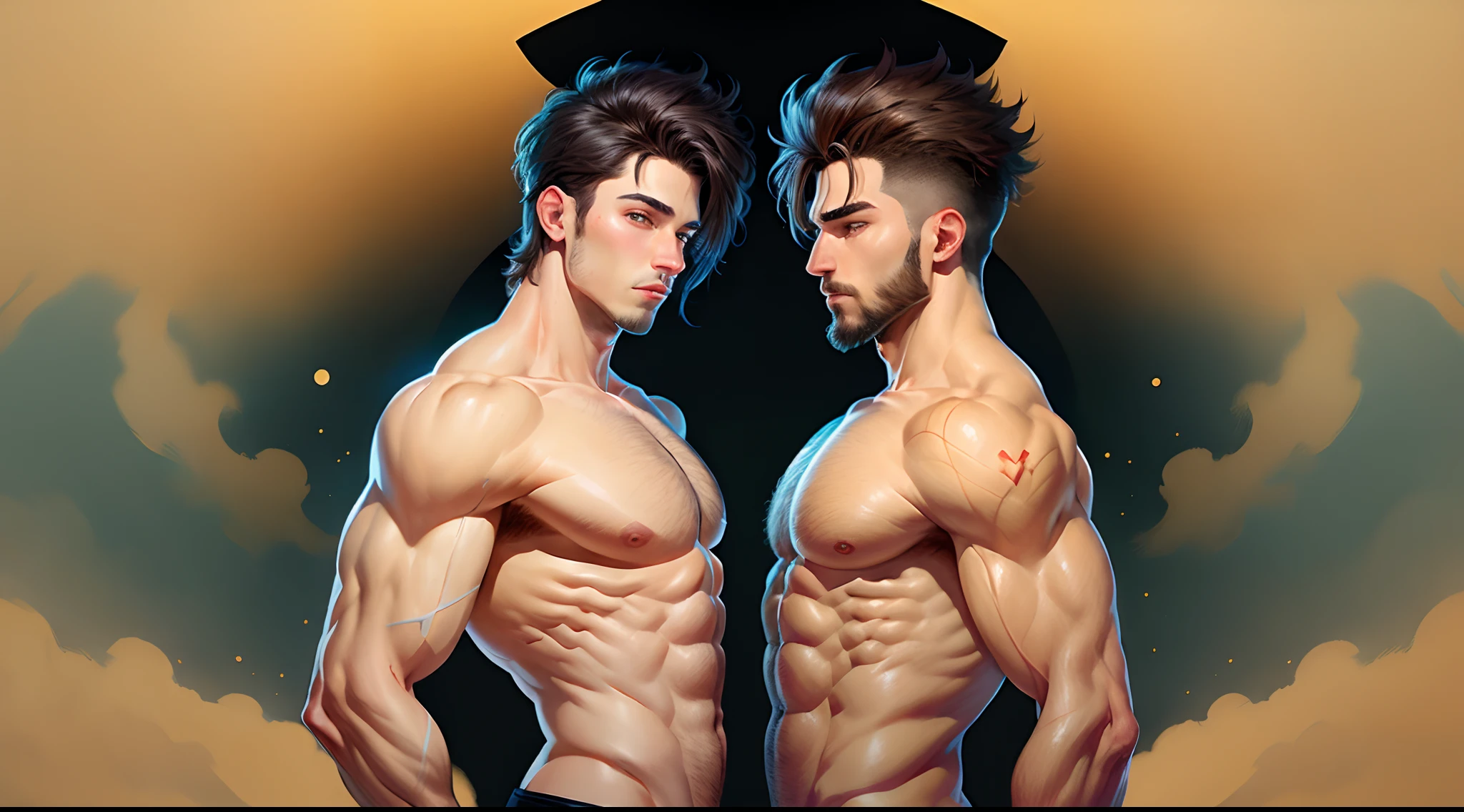 Crie dois homens no formato Disney pixar com o tema JONAS & THIAGO
O Primeiro homem loiro cabelos castanhos com topete olhos cor de mel barba desenhada pouco volumosa 1,65 meters tall half athletic body.
Second man, unathletic body, brunette, black hair with tuft and gradient, little voluminous drawn beard with 1,85 metros de altura
