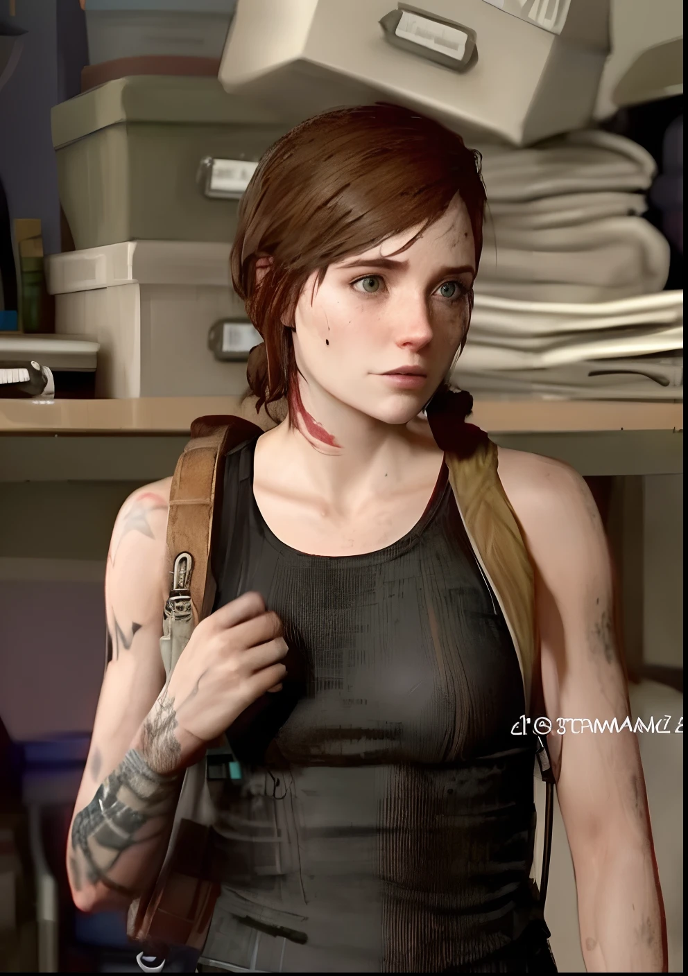 Adult Ellie Williams from The Last Of Us Part 2, dressed as spiderman, face and hair not covered by the costume