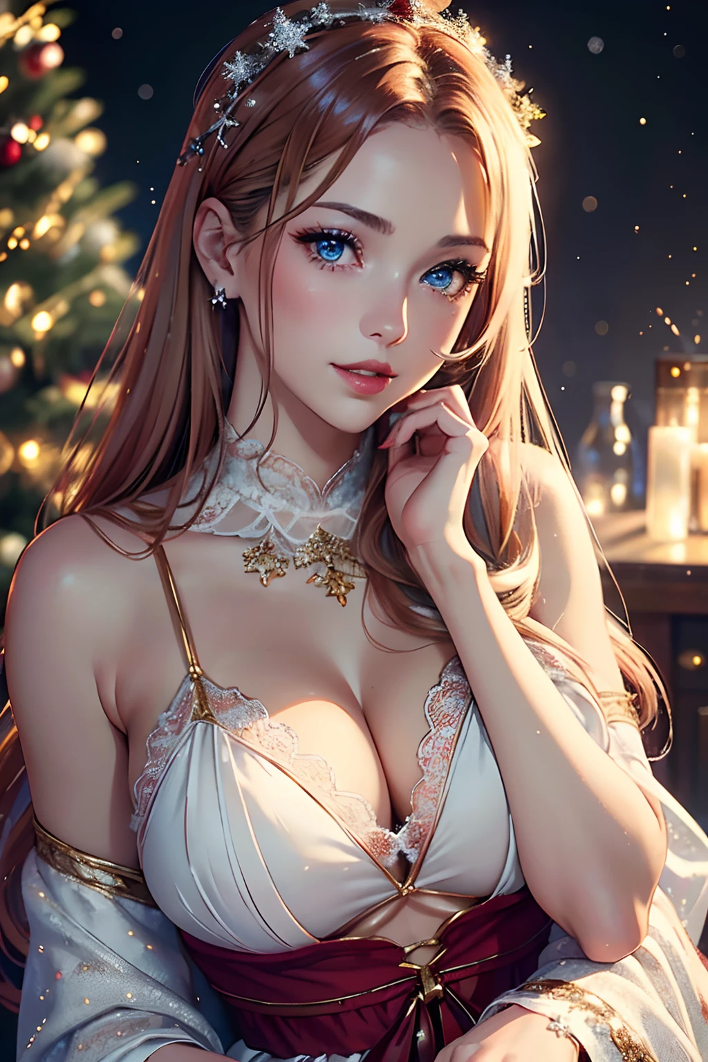 (best quality,4K,highres,masterpiece:1.2),ultra-detailed,(realistic,photorealistic,photo-realistic:1.37),sexy Finnish 25-year-old wearing a Christmas outfit, enchanting smile, alluring blue eyes, glossy red lips, flowing golden hair, slender figure, (hot, steamy atmosphere), flirtatious expression, seductive pose, confident and playful aura, cozy winter setting, soft snowflakes falling gently, warm fairy lights illuminating the scene, (delicate lace trim on the Christmas outfit), (elegant and stylish accessories), (sultry makeup with a touch of glitter), (subtle hints of mistletoe), (cheerful holiday spirit), (festive red and white color scheme), (enticing gaze), (subtle suggestion of a romantic encounter).