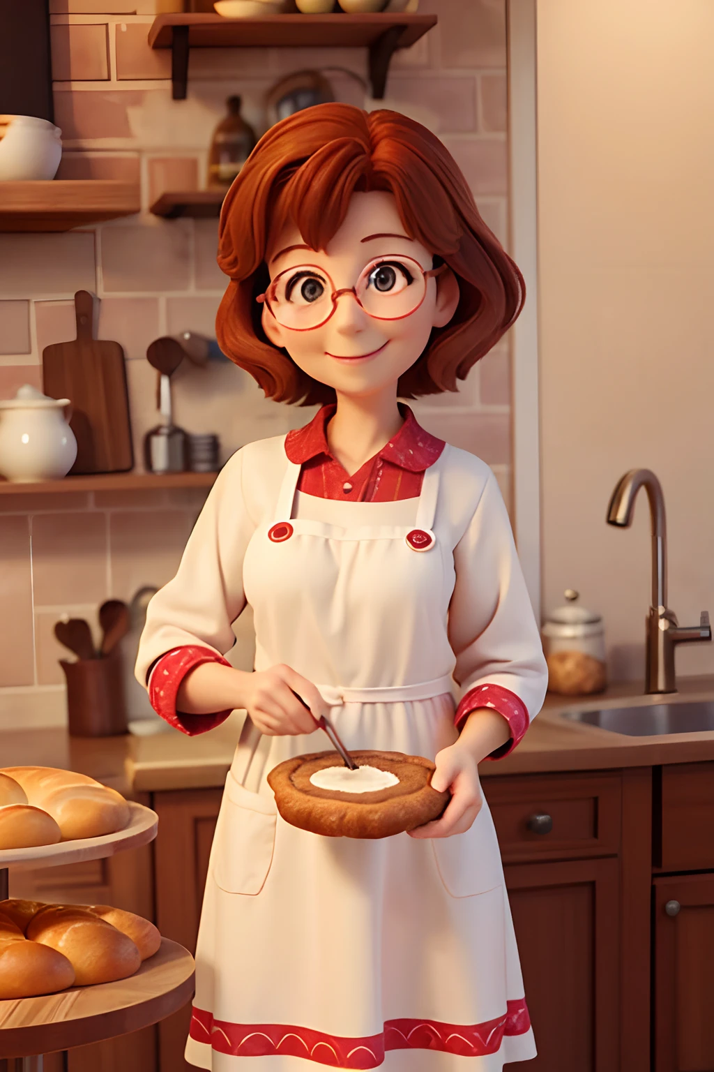 Please create a Disney-Pixar-style character representing a 60-year-old woman with reddish-brown hair, round glasses, and a smiling expression, wearing a dress. She should be holding a piece of artisanal bread in a kitchen. The image should be in a round format, suitable for creating a logo for a homey and cozy artisan bakery.
