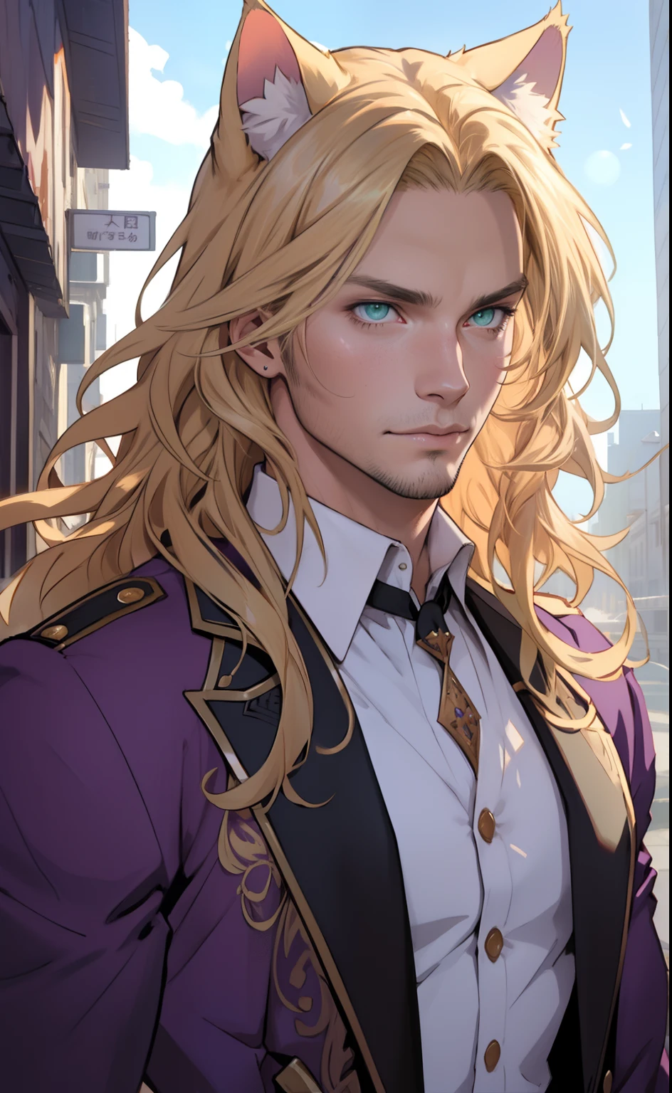 Purple coat, one male, cat ears, long hair, blond, blond hair, green eyes, tall, muscular, white shirt, beautiful face, highest quality, masterpiece, 2d, anime, perfect face, highest detail, feline eyes, stubble, cat tail, wavy hair, bust shot, detailed face, intricate details, looking away, city background, purple crystal hands