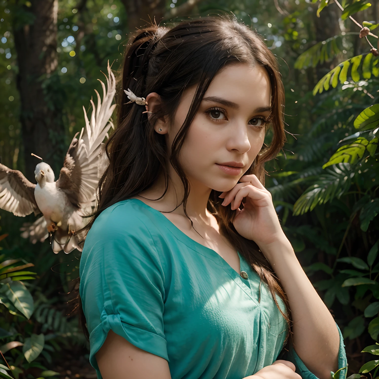 "Please create a 4K 3D animated scene in the style of Disney Pixar set in a forest. The main character is a white woman with brown eyes, long wavy black hair, and piercings on her nose and ears. She is surrounded by cockatiels, some perched on her hands and shoulder, and others flying around her. The scene should exude a sense of wonder and natural beauty, with vibrant colors and a serene ambiance."