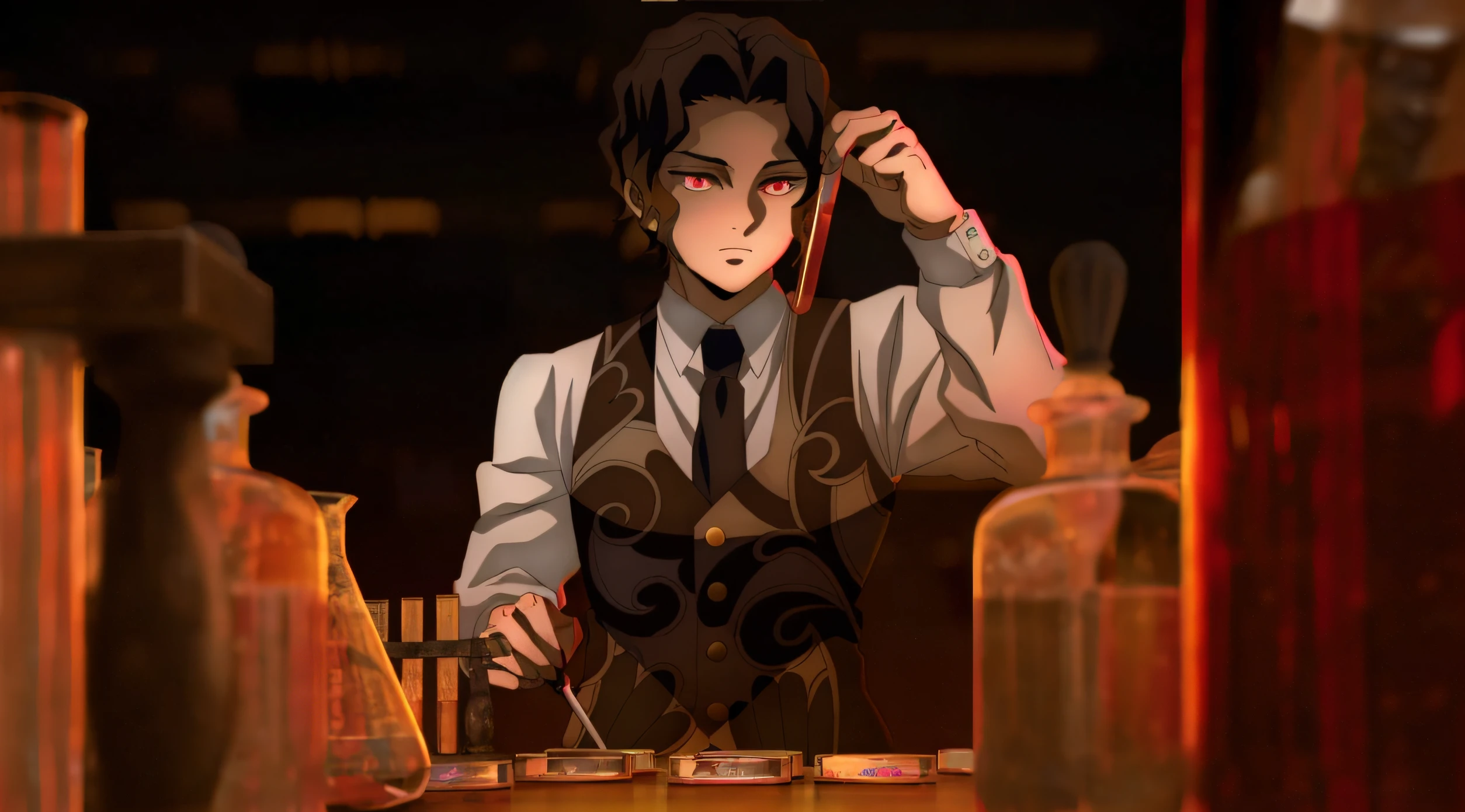 anime character in a lab with a red light, he is in a alchemist lab, thin young male alchemist, handsome guy in demon slayer art, inspired by Yamagata Hiro, anime still, shigenori soejima illustration, dark academia aesthetics, digital art from danganronpa, in a steampunk laboratory, dark academia, demon slayer rui fanart, from cryptid academia