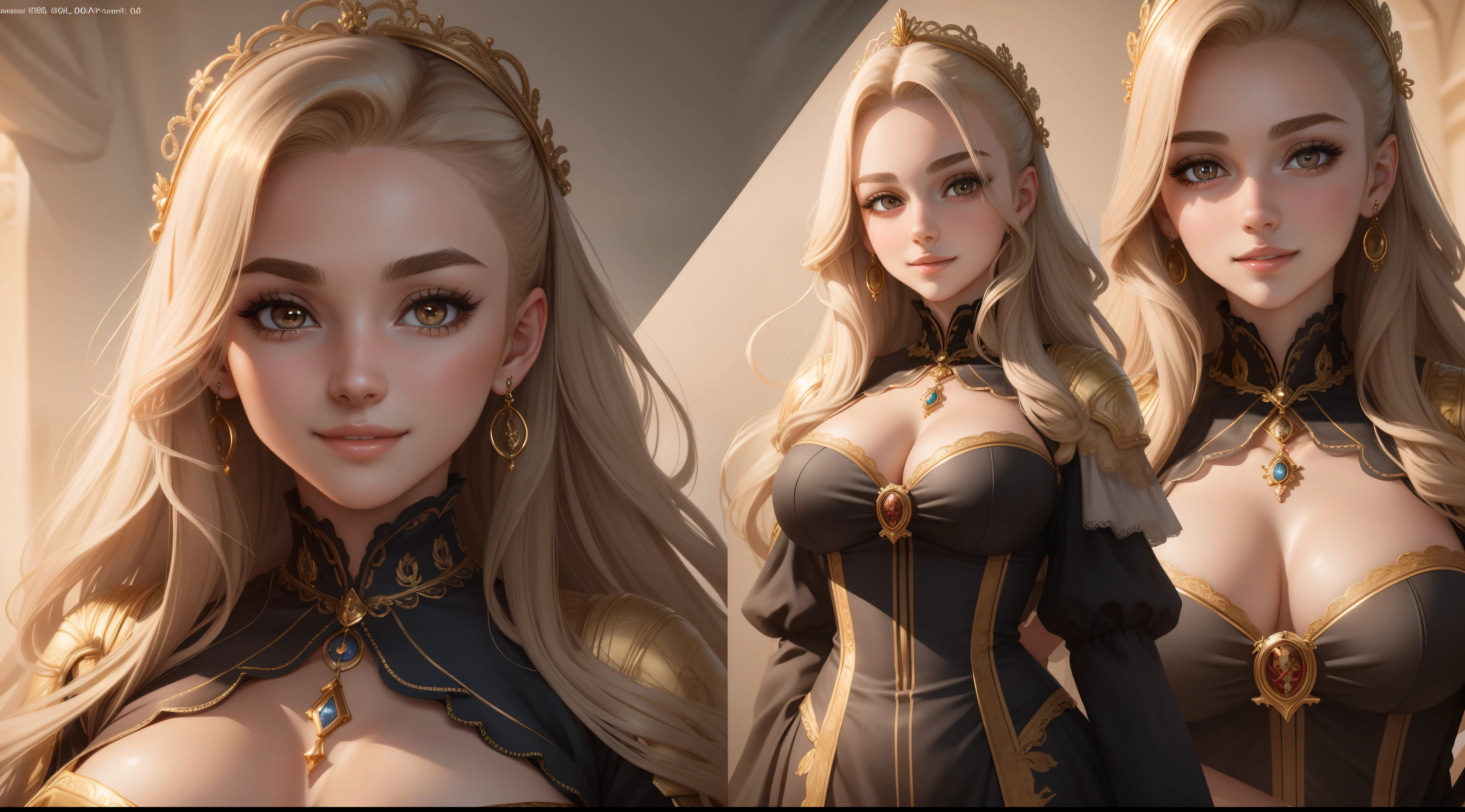 18 year old beautiful girl, big eyes, large breasts, petite and slender, 8K, top quality, (very detailed head: 1.0), (very detailed face: 1.0), (very detailed hair: 1.0), very detailed official artwork, clean detailed art, smile, golden hair, smooth long hair