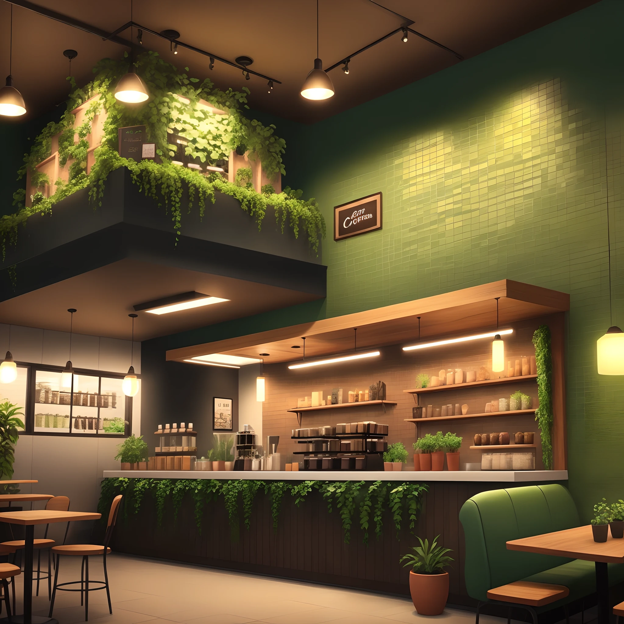 A green wall for a coffee shop with a warm coffee theme. The wall has tiles that need to be meshed. Some plants should be used, and beautiful lighting with a neon coffee shop sign.