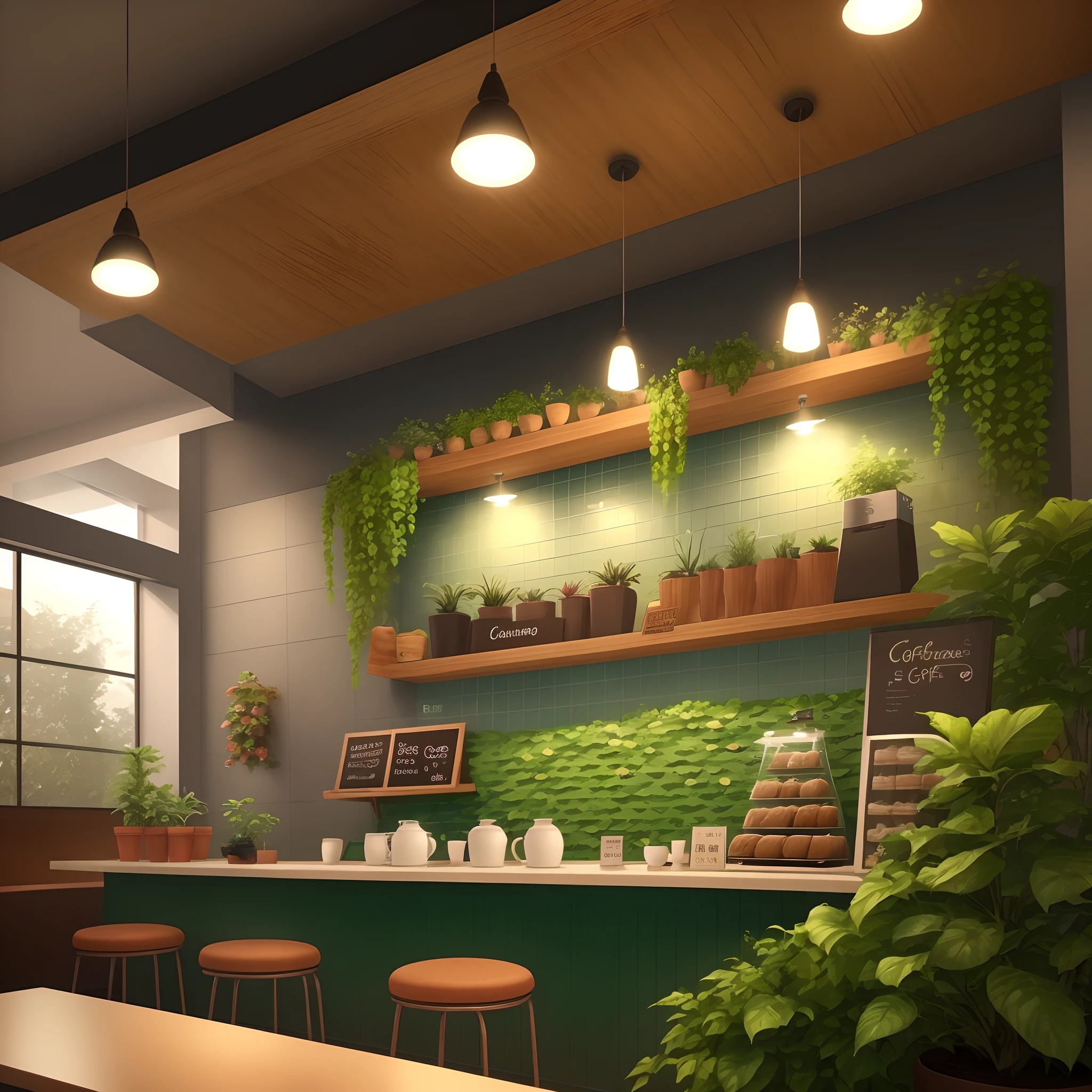 A green wall for a coffee shop with a warm coffee theme. The wall has tiles that need to be meshed. Some plants should be used, and beautiful lighting with a neon coffee shop sign.