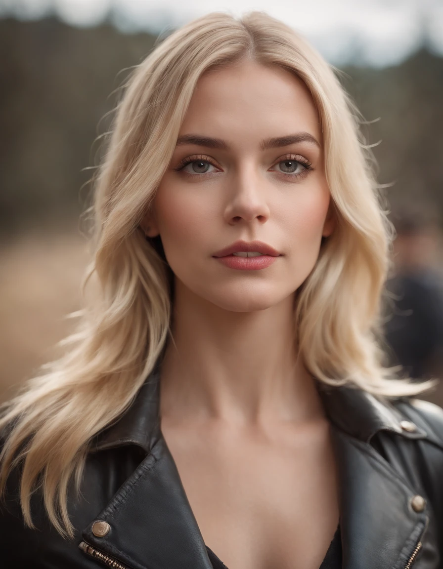 Blonde woman, wearing leather strips, high quality photo