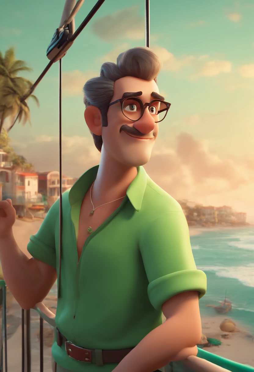 Cartoon character of a man with transparent glasses and a green shirt, animation character, Caractere estilizado, animation style rendering, 3D estilizado, Near an aerial cable car in a beach town