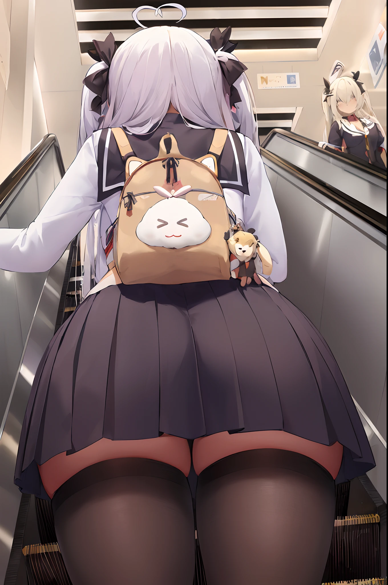 anime girl with a backpack on her back riding an escalator, small curvy loli, kantai collection style, azur lane style, from girls frontline, girls frontline style, a hyperrealistic schoolgirl, from the azur lane videogame, fine details. girls frontline, the anime girl is crouching, hanayamata, hyperrealistic schoolgirl, girls frontline cg