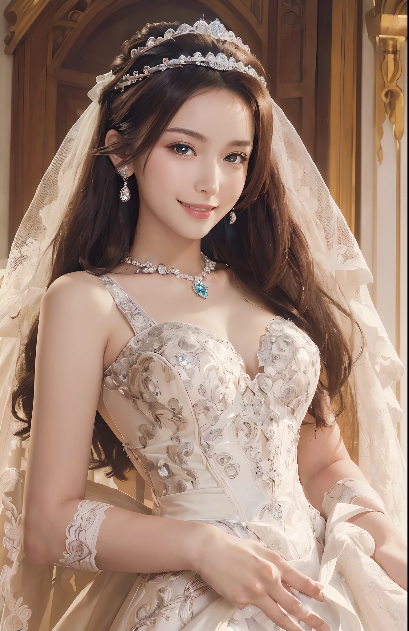 (best quality,8k,highres,masterpiece:1.2),(illustration),(ultra-detailed),(realistic:1.37),(beautiful detailed eyes),(solo),(full body),(1girl),(wearing a beautiful and detailed wedding dress),(sparkling accessories),(looking at the viewer),(extremely detailed),(detailed face),(pureerosfaceace_v1),(smiling),(wearing a diamond tiara)