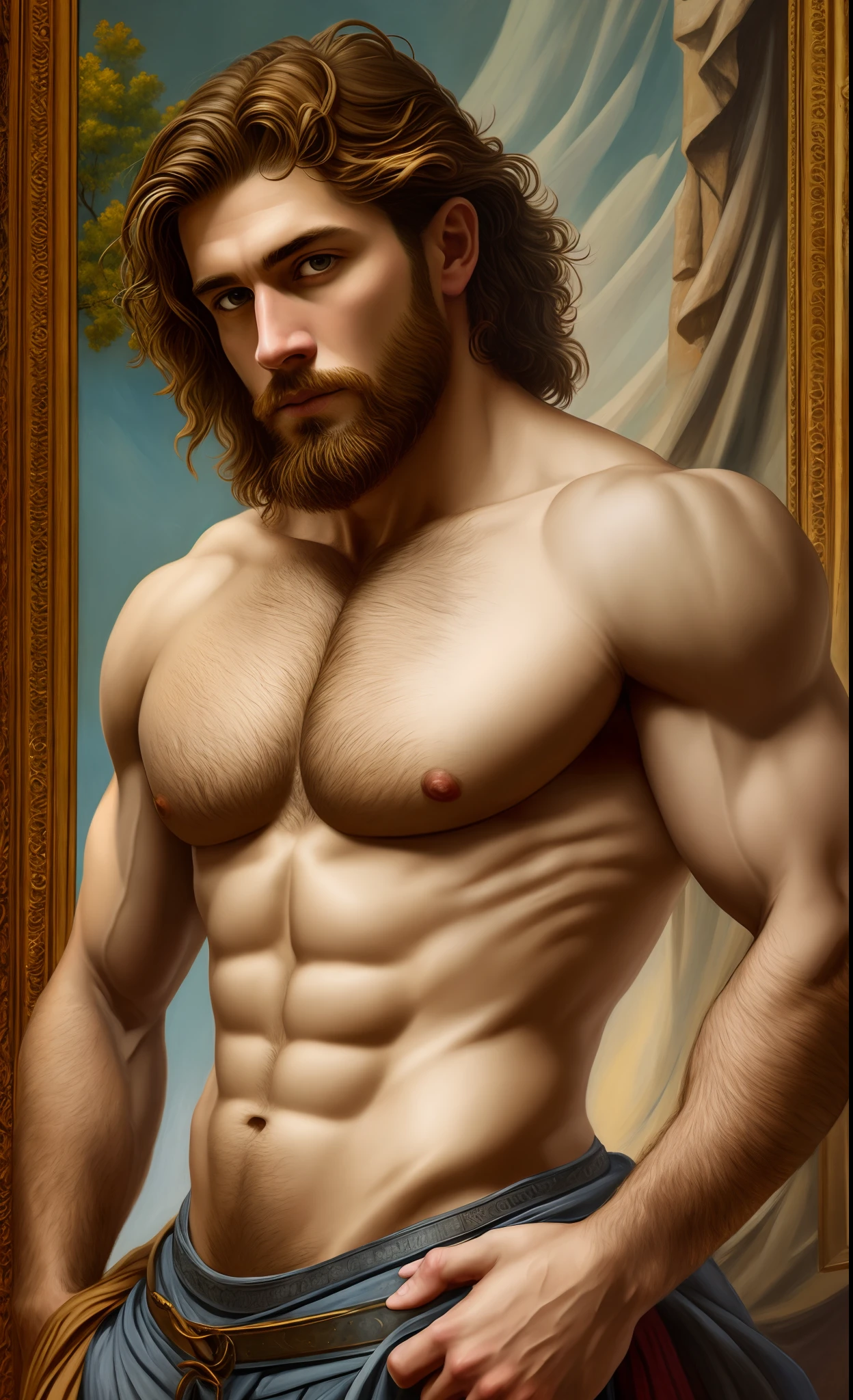 (Masterpiece) Detailed, intricate, hyper realistic painting of a chiseled heavenly handsome man,in the style of Giorgio Dante, Rembrandt and Caravaggio, looking at the viewer, full body, dramatic lighting, tumblr, fantasy art, very masculine, atractive, seductive and handsome man, ethereal, pastoral, depth of field, high quality shadows, --auto --s2