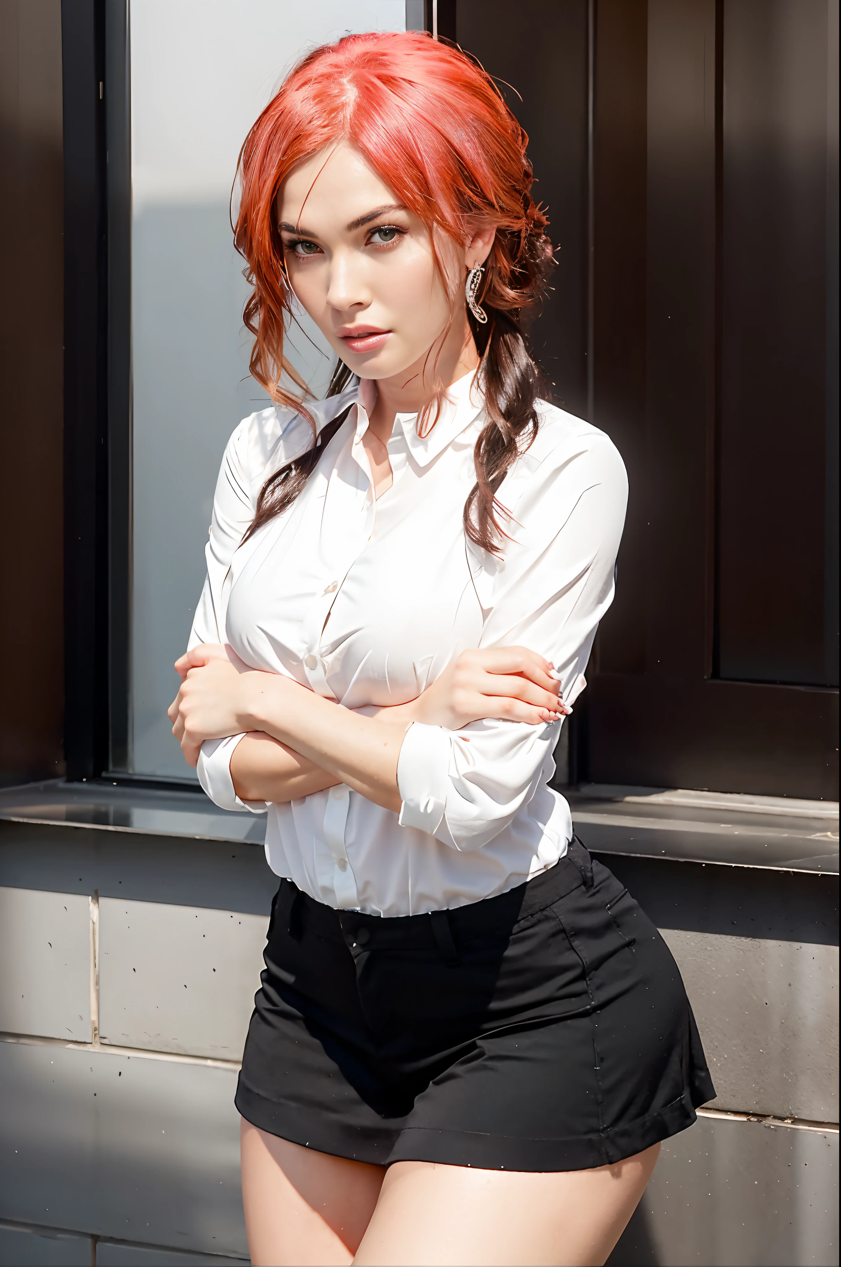 (Muscular:2.6), (thick thighs:2.4),
(ginger female:1.5), (blunt bangs, long red hair:1.5), (adult), beauty mark, (pale skin),
(glasses:1.2), earrings, eyeshadow, lipstick,
detailed eyes, (big smile:1.5),
(hard nipples), (small perky breasts:1.5),
choker, (choker, tucked-in white button up, rolled up sleeves, cleavage, flared skirt:1.8),
(upper body view), (looking at viewer), (three quarter view:1.4),
office, rim lighting, two tone lighting, dimly lit