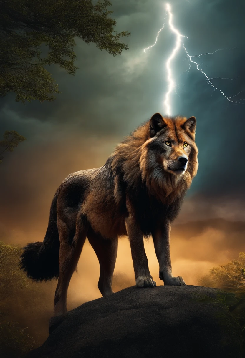A wolf, an eagle and a lion in a forest with lightning bolts in and around their eyes. perto de um rio
