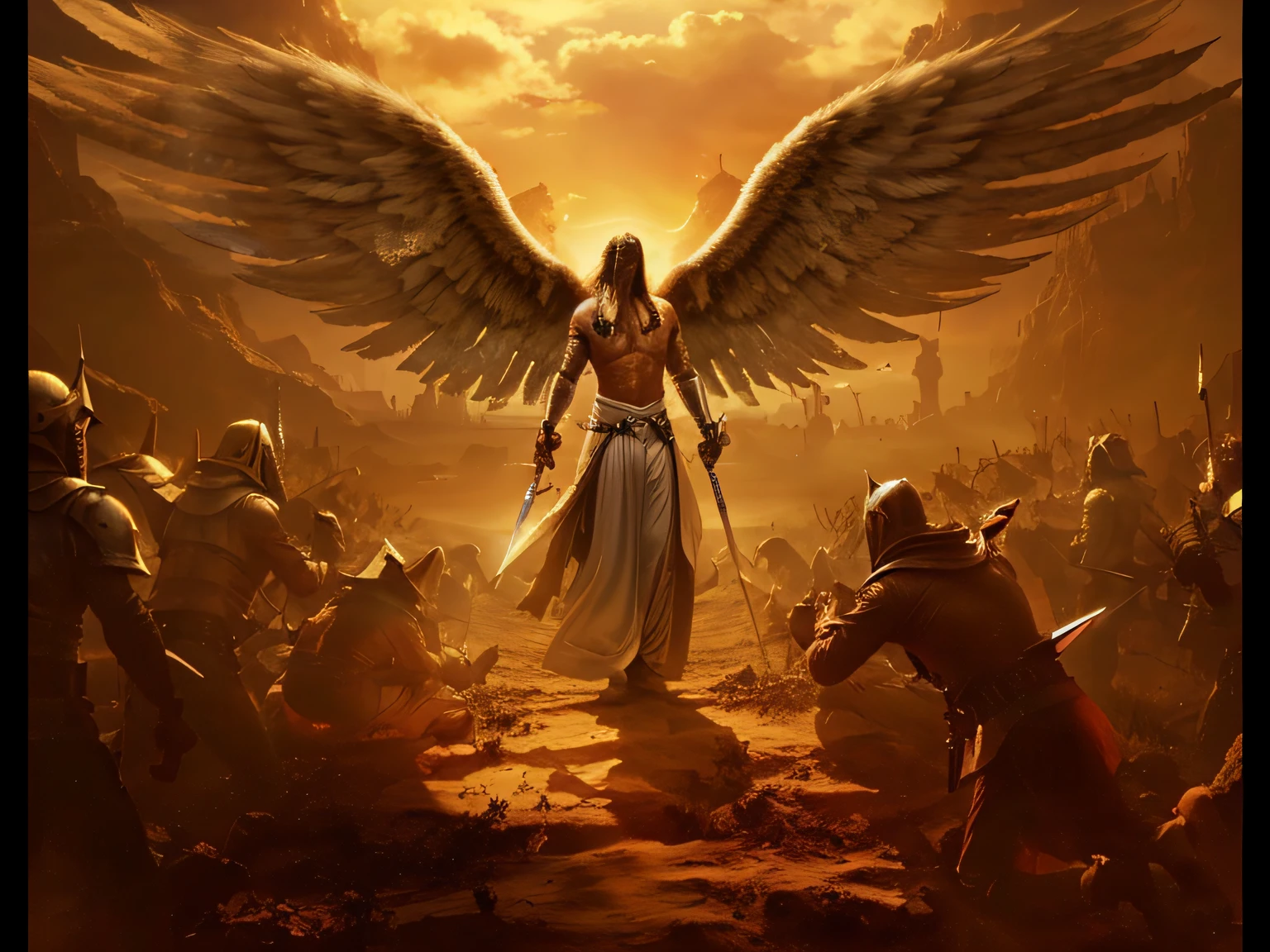 an image of a man with a sword standing in a desert, Anjo no inferno, arcanjo, angels vs demons, angel watching demon, angels and demons, anjo protegendo o homem, Arcanjo Miguel, O Anjo da Morte, Battle between angels and demons, anjo super largo, epic angel wings, angels protecting a praying man, necessidade humana anjo da morte