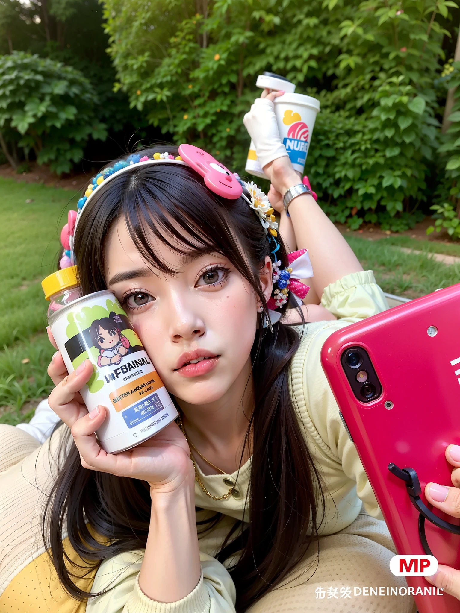 Menina deitada em um cobertor segurando uma garrafa de leite, anime girl drinks energy drink, menina kawaii bonito, linda Delphine, Ruan Vtuber Fofo, soda themed girl, Fotografia selfie 8k, Shikami, Ulzzang, Loli, kawaii retrato realista, kawaii aesthetic, Lalisa Manobal, boneca pocelain bonito