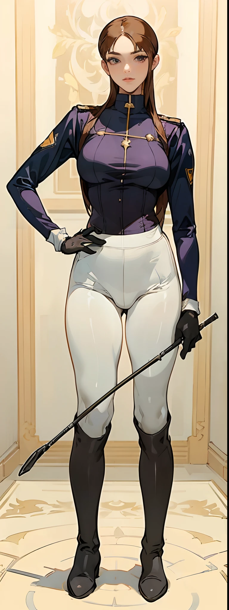 1 girl 1 man, (((a girl, mistress, female dominatrix,ponytail, sunglasses, long sleek coat, dominant, (muscular), perfect round breast, long sleeves, black gloves, double-breasted, (black knee-high boots:1.4), (white pants:1.2),devious, seductive, evil, confident, cape, sitting on man, spread legs, (long coat with popped top coat collar), long boots))). | (((a man, naked, kneeling, chained, helpless, being raped)))