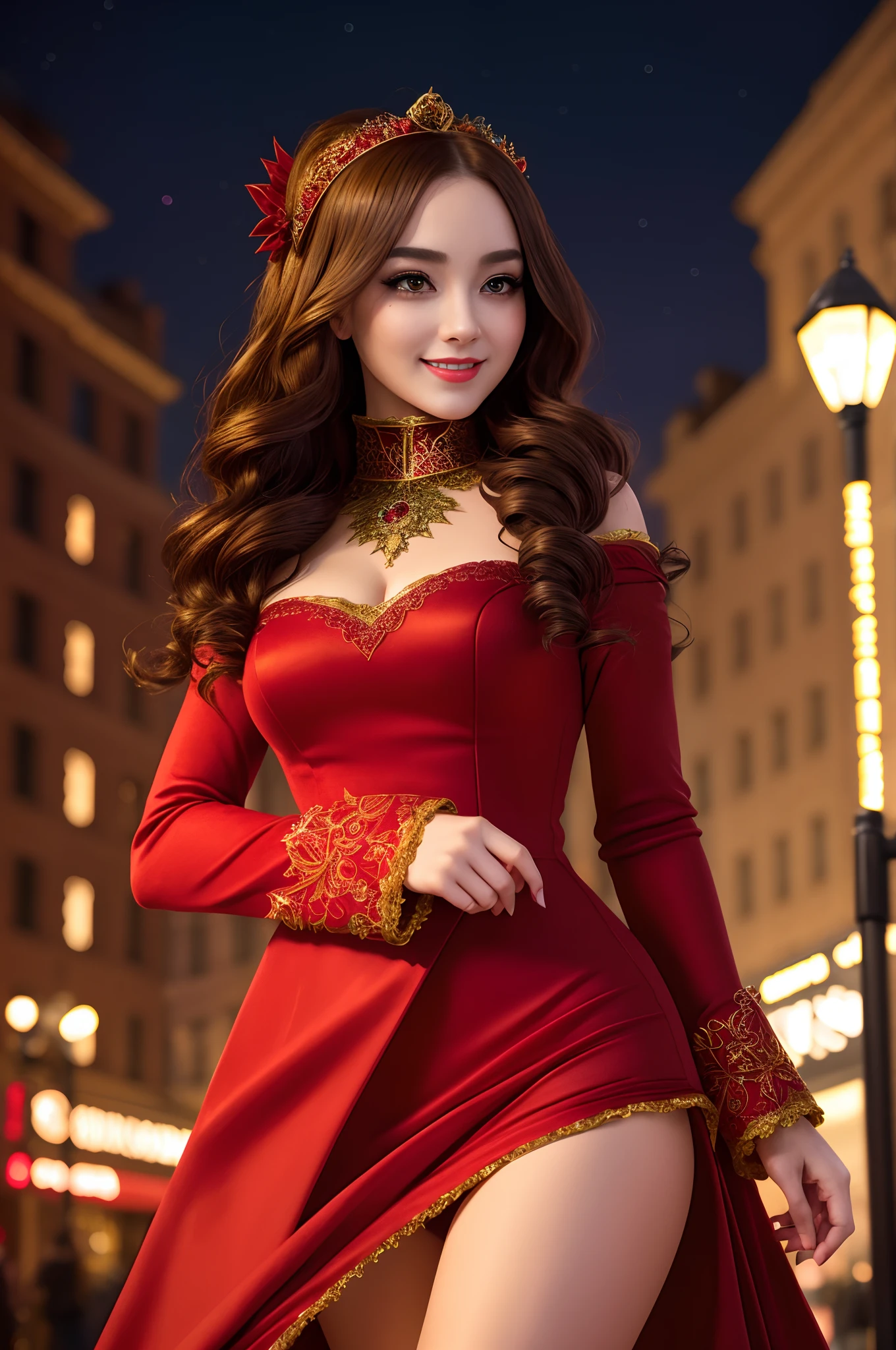 (English woman), (upper body), shows city lights, detailed face, leggy show, red long dress, fur jacket, scarlet hair, shining eyes, masterpiece, (smile), red lipstick, dark makeup, wink, top quality, (realistic, photorealistic: 1.5), (RAW photo: 1.5), highly detailed CG Unity 8k wallpaper, very delicate and beautiful, amazing, fine details, super detailed, highly detailed, bewitching woman, very detailed eyes and face, beautiful detailed eyes, movie lighting, standing on the street at night, highly detailed face,