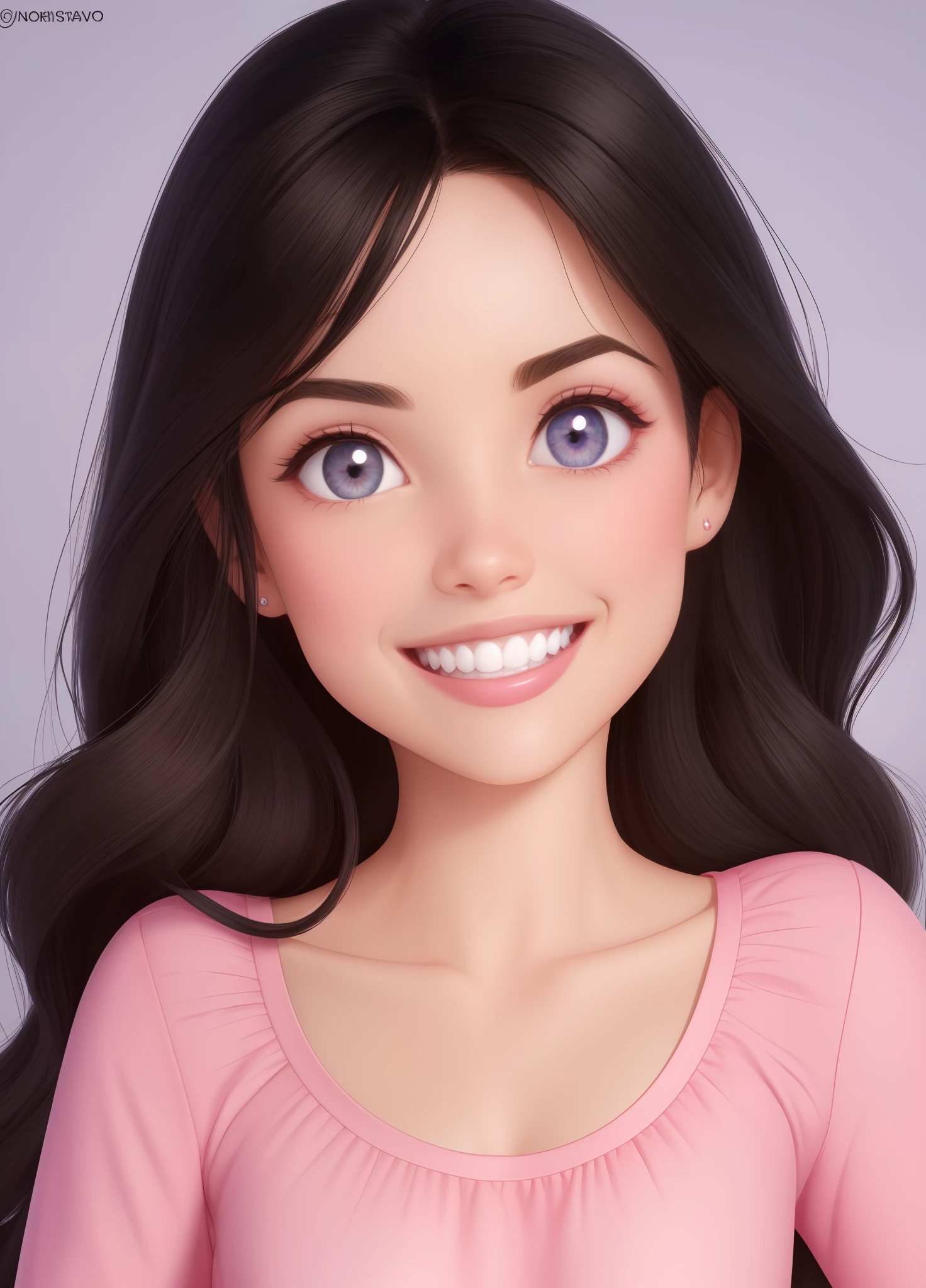 Disney Pixar cartoon brunette girl long hair black, olhos castanhos bem escuros, rosto redondo, sorriso com aparelho nos dentes, animada, roupa rosa,