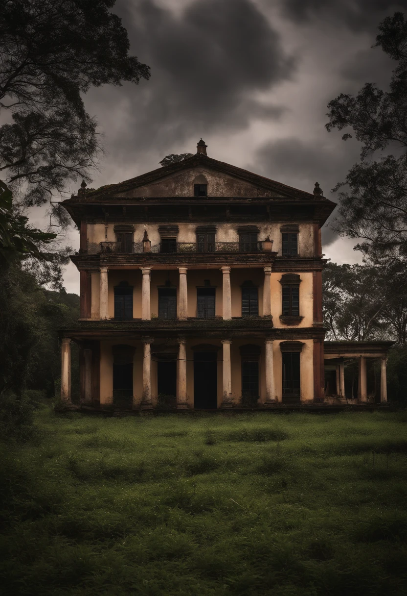 Casa antiga na fazenda, escura, assombrada, com ar de abandonada, In the darkness, bem detalhada, with cloudy skies and dense trees around the house, realista, terror