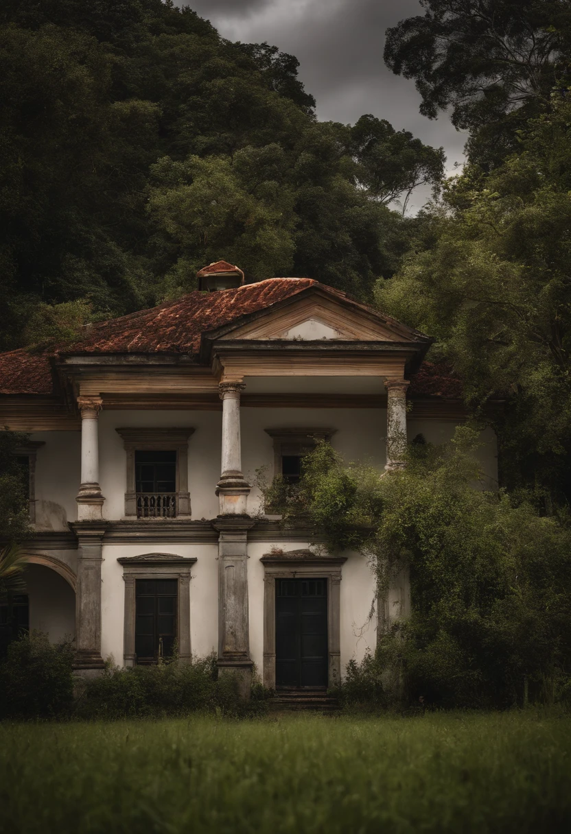 Casa antiga na fazenda, escura, assombrada, com ar de abandonada, In the darkness, bem detalhada, with cloudy skies and dense trees around the house, realista, terror