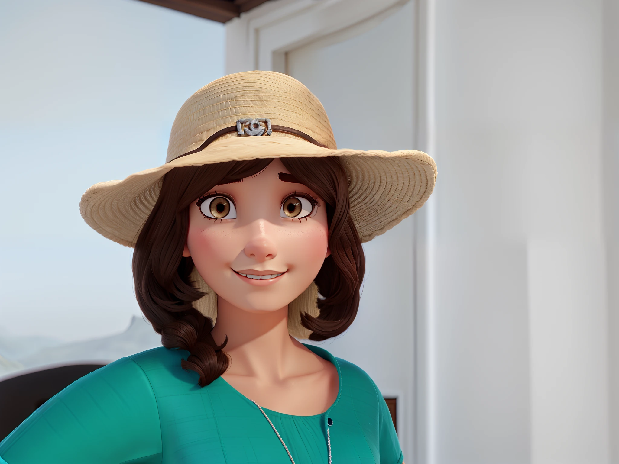Brunette Hair Chanel Woman Wearing Hat In Front Of A Greek Island Pixar Style